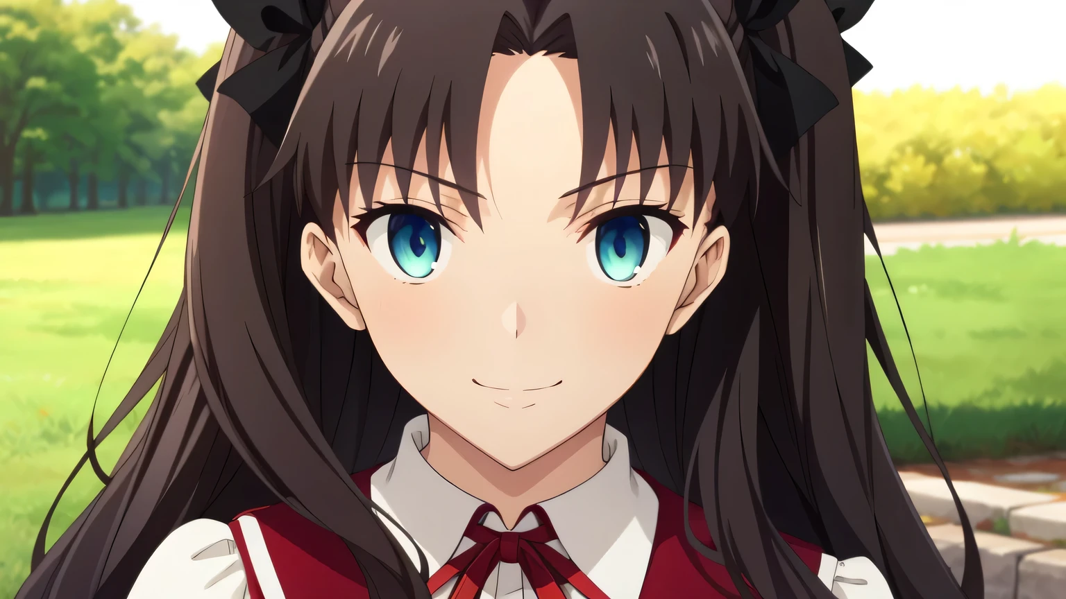 {{{masterpiece}}}, (best quality:1.5), (ultra-detailed:1.5), {illustration}, {{an extremely delicate and beautiful}}, (beautiful detailed eyes:1.6), absurdres, highres, extremely detailed face, 16k, hd, visual anime de uma jovem mulher, extremamente bonito rosto de anime, anime melhor garota, (perfect hands, perfect anatomy), anime face, Tohsaka Rin(Fate/stay night), ChopioTohsakaRin, 1girl, solo, cute face, black hair, long hair, two side up, parted bangs, black hair ribbon, square face, round chin, big eyes, aqua eyes, (High resolution eyes, Beautiful eyes, Light in the eyes), medium breasts, BREAK, outfit_1, brown vest, open vest, white shirt, collared shirt, neck ribbon, black skirt, pleated skirt, BREAK, smiling,  flushed cheeks, (portrait:1.5), outdoor, Medieval Europe, daytime, building, (covering chest by hand:1.5), medium close-up shot