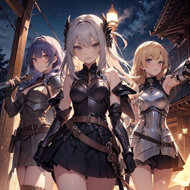 A group of female knight, (in tent), various hair styles, harem, wearing armored clothes, beautiful thighs, midriff, metal armor, night,