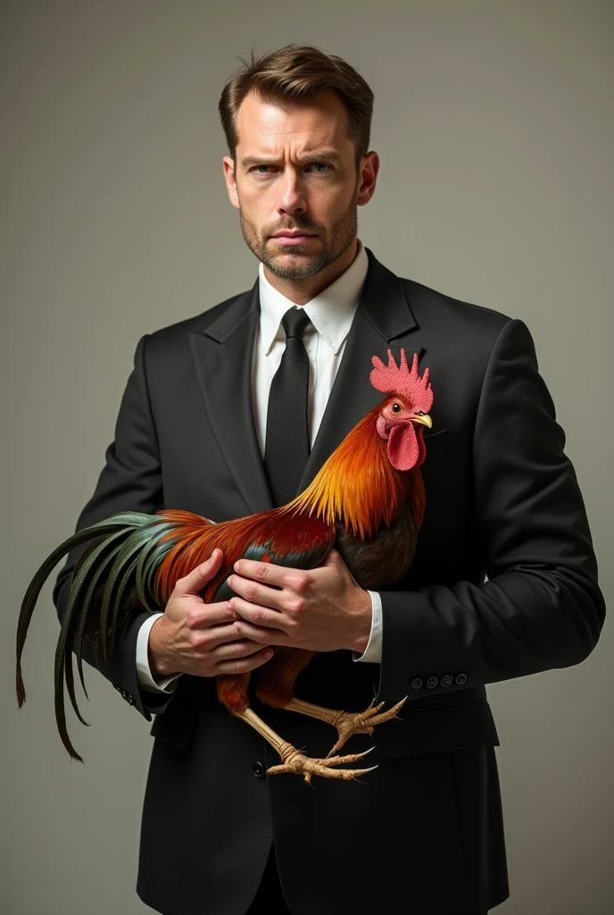 a muscular bambi, swollen chest, wearing a black suit, crying, sad expression, being comforted by a rooster, many muscular men, swollen chest, black suit, inside a soccer stadium, both are sad seeing a coffin with a flag over it highlighted in the colors blue, white, red, black balloons flying in the wind
