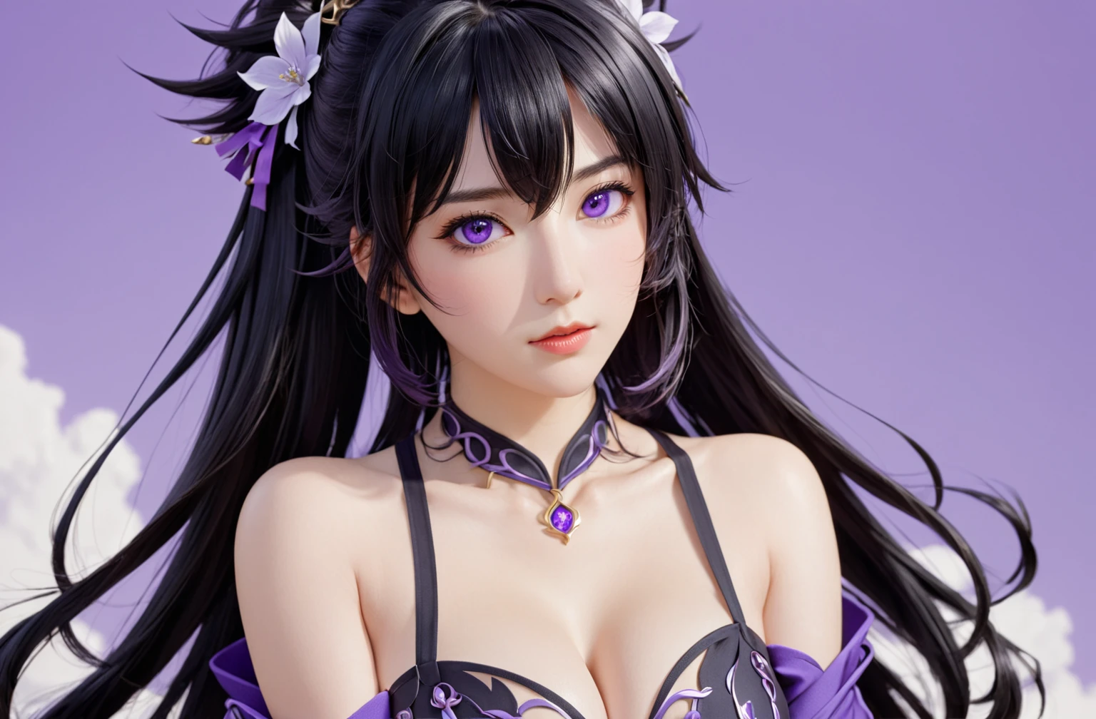 強力なスーパーevil女がクローズアップでポーズをとる, Black Goddess (Bare shoulders), length, Flowing purple hair, View your viewers, Highly detailed face, Perfect hands, Blue smoke swirling around her, evil事を愛する, Captivating blue eyes, Dark fantasy, , realistic girl rendering, 8k artistic german bokeh, Enchanting girl, Real Girls, Gurwitz, Gurwitz-style artwork, Girl Roleplay, Realistic 3D style, cgstation Popular Topics,, 8K Portrait Rendering,(truth,truth:1.4)、Genuine, Symmetric, High detail, Esoteric arachnids lady, Spider Queen Elise, League of Legends, Esoteric arachnids, Combat Stance, ( The body is made with liquid metallic paints in metallic mauve and metallic black...、It beautifully depicts the female form...。), length, Sharp Fangs, nature, ((Complex metallic colors in the foreground)), (( Fluid Mechanics, The most beautiful smooth scale face makeup, Smirking expression)) - Dark blood, Onyxia、Noir painting of a beautiful young witch, length purple hair, dark purple lips, evil, evil女, smile, Black Prom Dress, She is coming to you, close, Bright Blue Eyes, Surrounded by swirling pink smoke, Genuine, High detail, Highest quality
