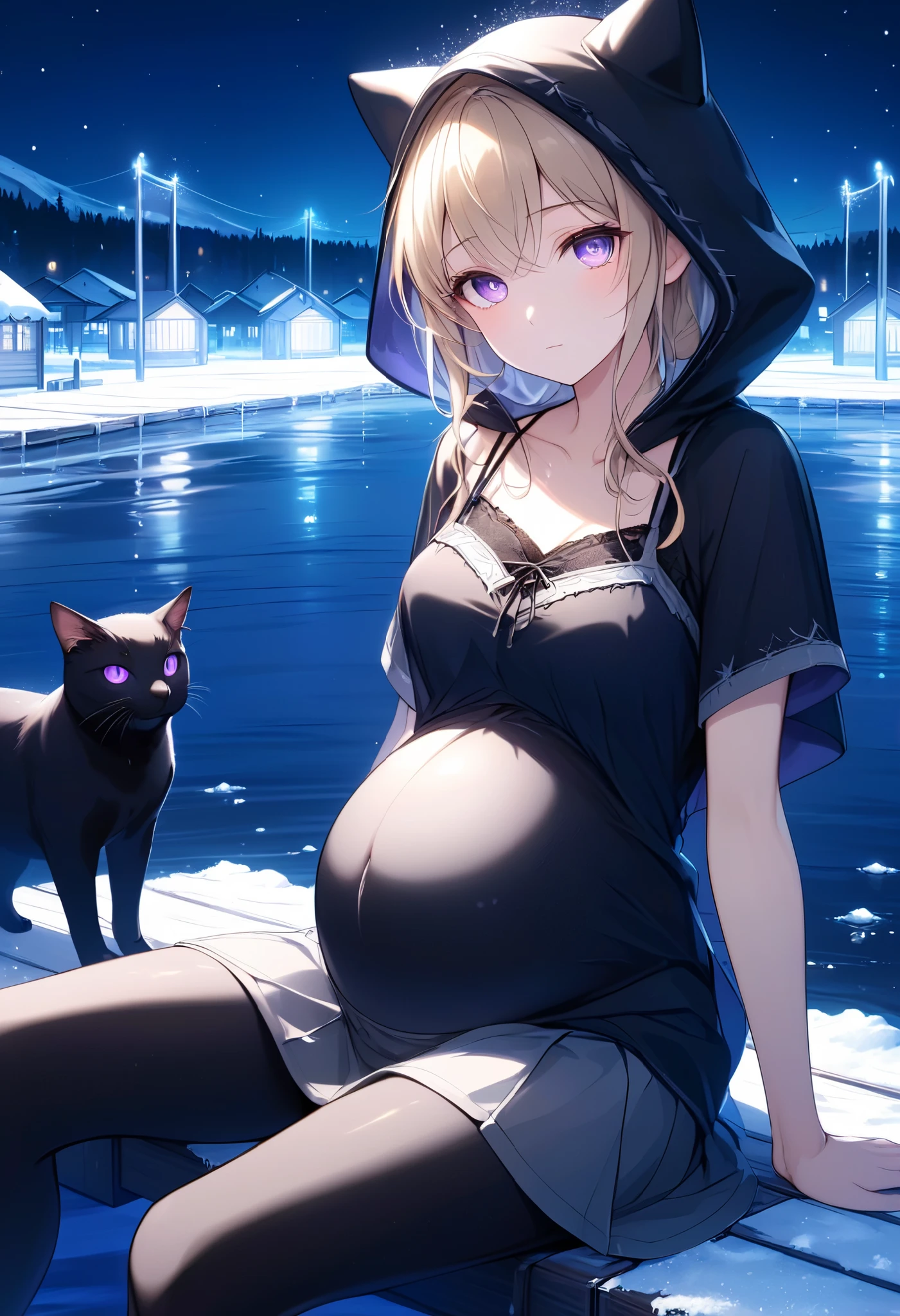 High Resolution, High Quality, High Detail, frozen dock, night, 1girl, blonde hair, violet eyes, medium breasts, black cat hood, black cloak, black camisole with grey trim, grey skirt, black leggings, sandals, looking at viewer, arms behind back, reaching for viewer, side profile, feet in water, zoom in, sitting on dock, sitting beside viewer, swollen abdomen, viewer beside girl