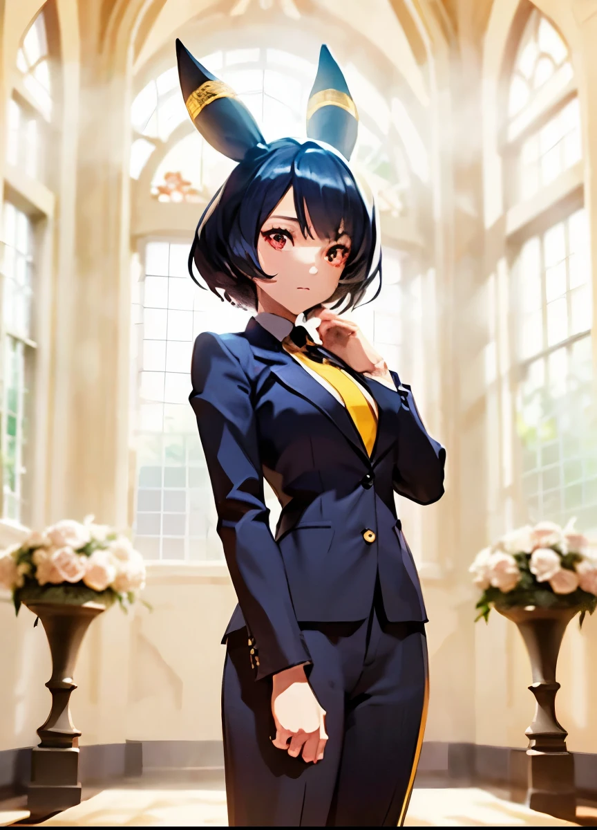 A dramatic wedding scene on a majestic gothic-romantic altar , with an anime-style woman standing confidently under a soft golden light that filters through a frosted glass window. She has jet black hair Pixie cut with shiny texture , vibrant red eyes that shine slightly , ears similar to those of an Umbreon ( with a horizontal yellow stripe ), a seductive smile and sharp facial features . She wears a tight black suit with a white shirt , black jacket and black pants that highlight her slender waist and toned figure , along with a pastel pink silk tie . The altar is decorated with white roses , ivy garlands and crystal chandeliers , with a soft haze near the floor and rays of golden light . behind her, a frosted glass window with heavenly patterns in deep blue and gold , and in the background, blurry silhouettes of guests dressed in tag . Petals of white and pale pink flowers float around the scene , creating a romantic and slightly gothic atmosphere .