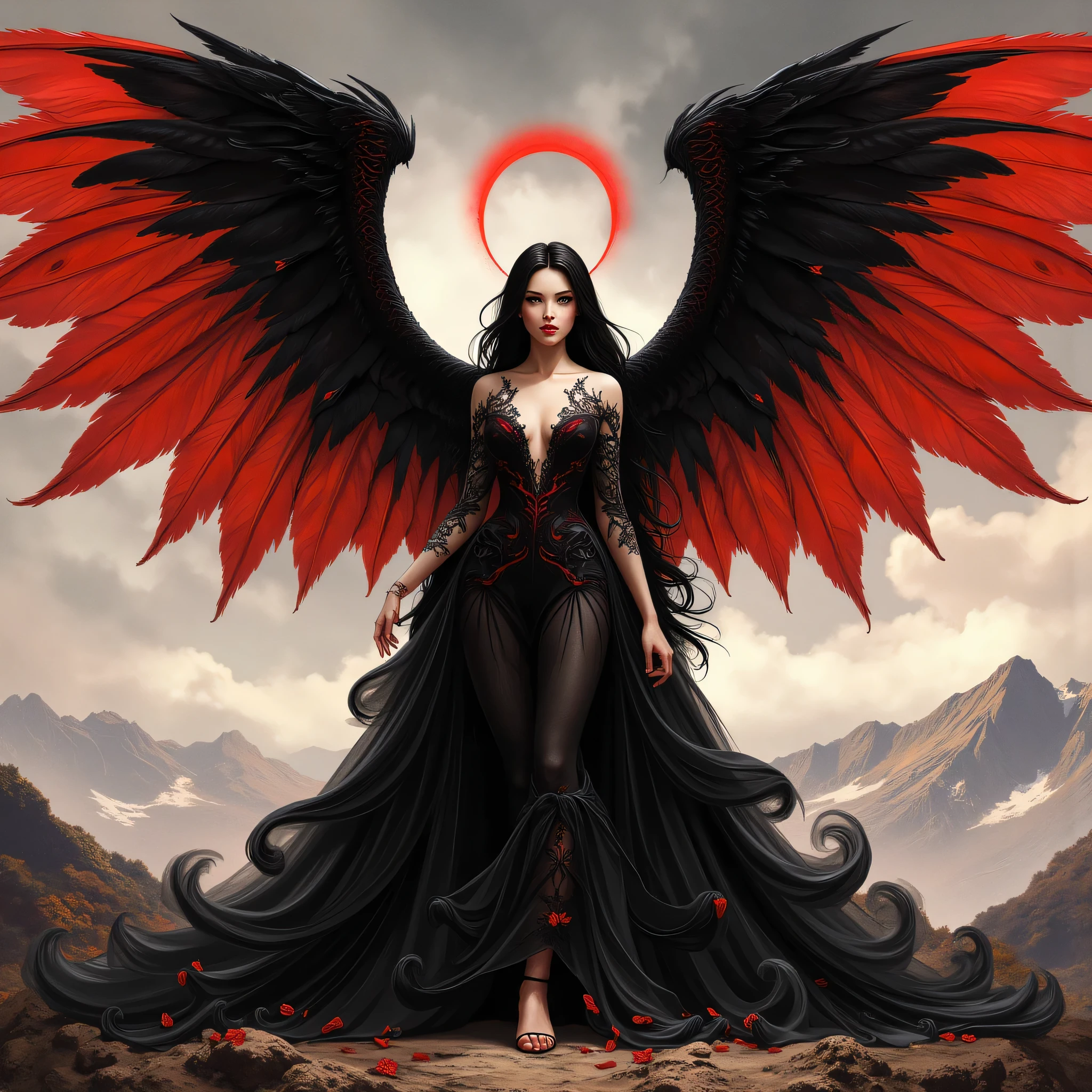 Detailed proportions and textures and multi-color with airbrushed brush strokes that presents a semi-realistic illustration in Chinese ink a female figure with striking, large wings. The wings are predominantly black with vibrant red accents, creating a dramatic contrast. The figure stands in a powerful pose, wearing a long, flowing black gown with intricate designs. Her skin is pale, and she has long, dark hair cascading down her shoulders. A glowing red halo hovers above her head, adding a mystical element. The background is a moody, cloudy sky with hints of mountains in the distance, enhancing the ethereal and otherworldly atmosphere of the scene.very balanced saturation in the color palettes very defined (Color with monochorome intense shaded tones and shine, tone red 25% + yellow 25% + blue 25% + biofluorescent 12.5%+ transparencias 12.5%. Aesthetic fusion by (Fibonacci ratio. A poupée realiste of a young girl ballet-like. female (Including a variety of pink skin and beige-dark tones that give it contrast and shine) character type. Fluid texture that gives the sensation of movement to the Thin, fine of leaves that moulds to the figure (her clothes with relief and folds give volume and depth to the character) style. Haute couture photoshoot (in high quality of full body). Sharp Highly Detailed Soft Focus, Approaching Perfection, Full HD 8K. High and Low Angles. of Coco Chanel, Gianni Versace, Alberto Vargas, Greg Rutkowsk art style fusion.