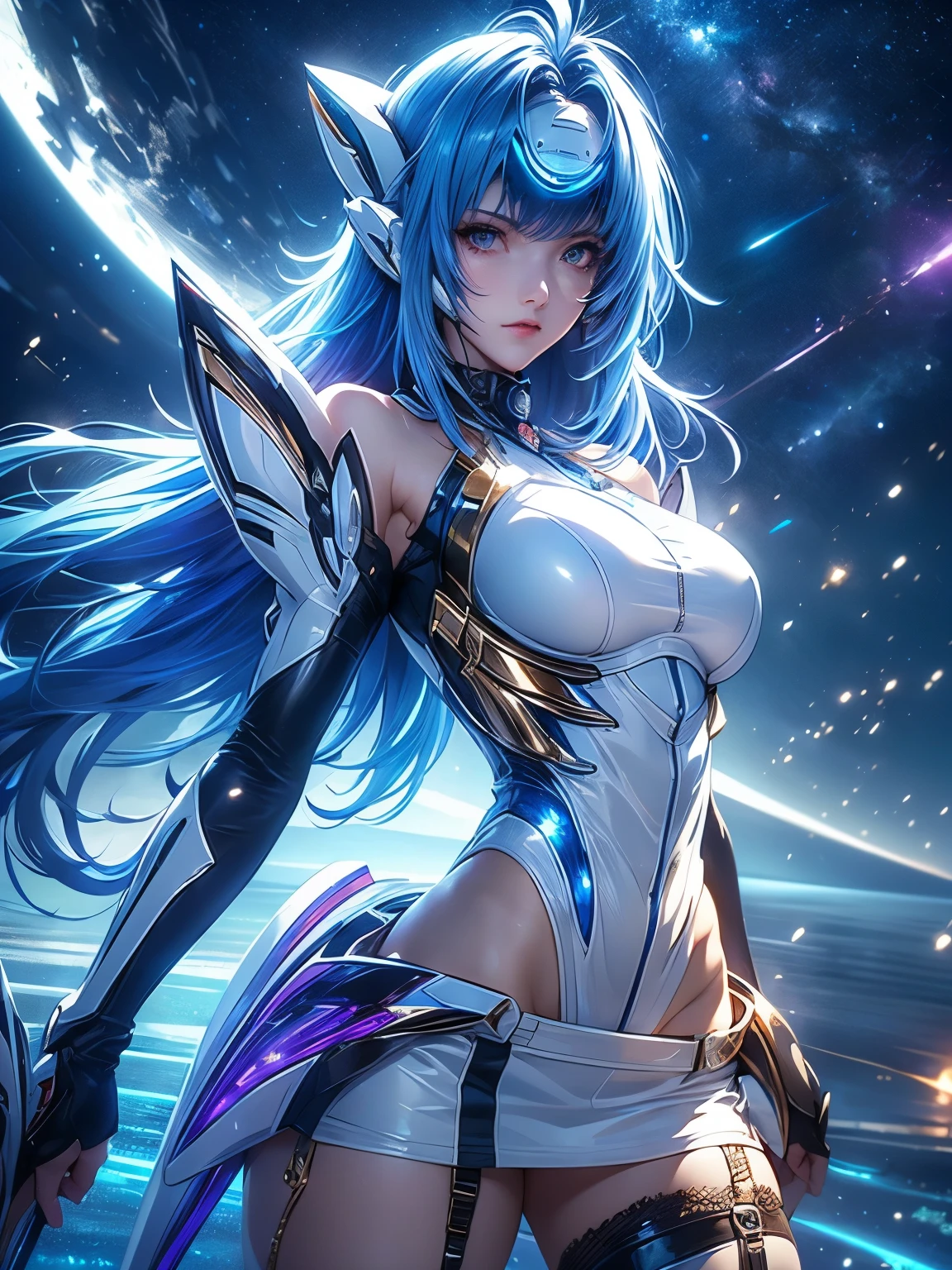 Full body KOS-MOS   ， score_9,  score_8_Excellent,  score_7_Excellent, 32K ，((  Ultra Real Details  ))cowboy shot,、shadow、 octane rendering 、 ultra sharp、  highly detailed faces at a pachinko parlor 、Bluish purple hair、 straight hair,  SHINY AND CLEAN HAIR 、 White Shiny Skin 、 sexy cyberpunk girl 、 fiberglass 、Light emitting tube、 Extremely Complex Details 、 real light 、 CGSoation Trends、(( golden eyes))、Neon Details、 Mechanical Hands 、 mechanical spine attached to the back、mechanical neck worn around the neck 、  head 、 Space Background Radiation 、 rat path section、white latex hi-leg leotard(( Valkyrie ))、(( standing+Combat Stance))，(( sexy model pose ))、((  Dramatic Graphic Backdrop  ：Starry Sky  ，Moonlight rays，  Huge Moon、Dynamic ocean background))(( top quality)),( Ultra High Resolution),( Super Detail)