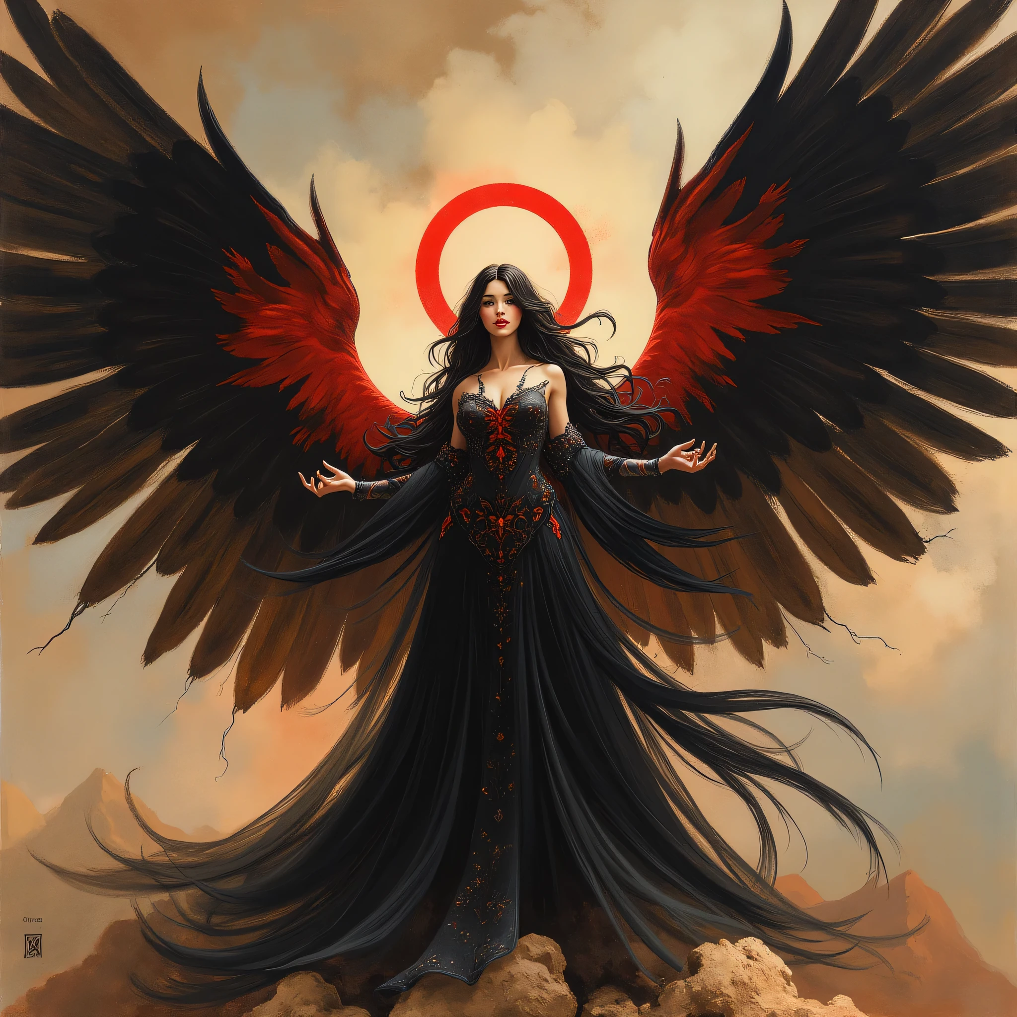 Detailed proportions and textures and multi-color with airbrushed brush strokes that presents a semi-realistic illustration in Chinese ink a female figure with striking, large wings. The wings are predominantly black with vibrant red accents, creating a dramatic contrast. The figure stands in a powerful pose, wearing a long, flowing black gown with intricate designs. Her skin is pale, and she has long, dark hair cascading down her shoulders. A glowing red halo hovers above her head, adding a mystical element. The background is a moody, cloudy sky with hints of mountains in the distance, enhancing the ethereal and otherworldly atmosphere of the scene.very balanced saturation in the color palettes very defined (Color with monochorome intense shaded tones and shine, tone red 25% + yellow 25% + blue 25% + biofluorescent 12.5%+ transparencias 12.5%. Aesthetic fusion by (Fibonacci ratio. A poupée realiste of a young girl ballet-like. female (Including a variety of pink skin and beige-dark tones that give it contrast and shine) character type. Fluid texture that gives the sensation of movement to the Thin, fine of leaves that moulds to the figure (her clothes with relief and folds give volume and depth to the character) style. Haute couture photoshoot (in high quality of full body). Sharp Highly Detailed Soft Focus, Approaching Perfection, Full HD 8K. High and Low Angles. of Coco Chanel, Gianni Versace, Alberto Vargas, Greg Rutkowsk art style fusion.