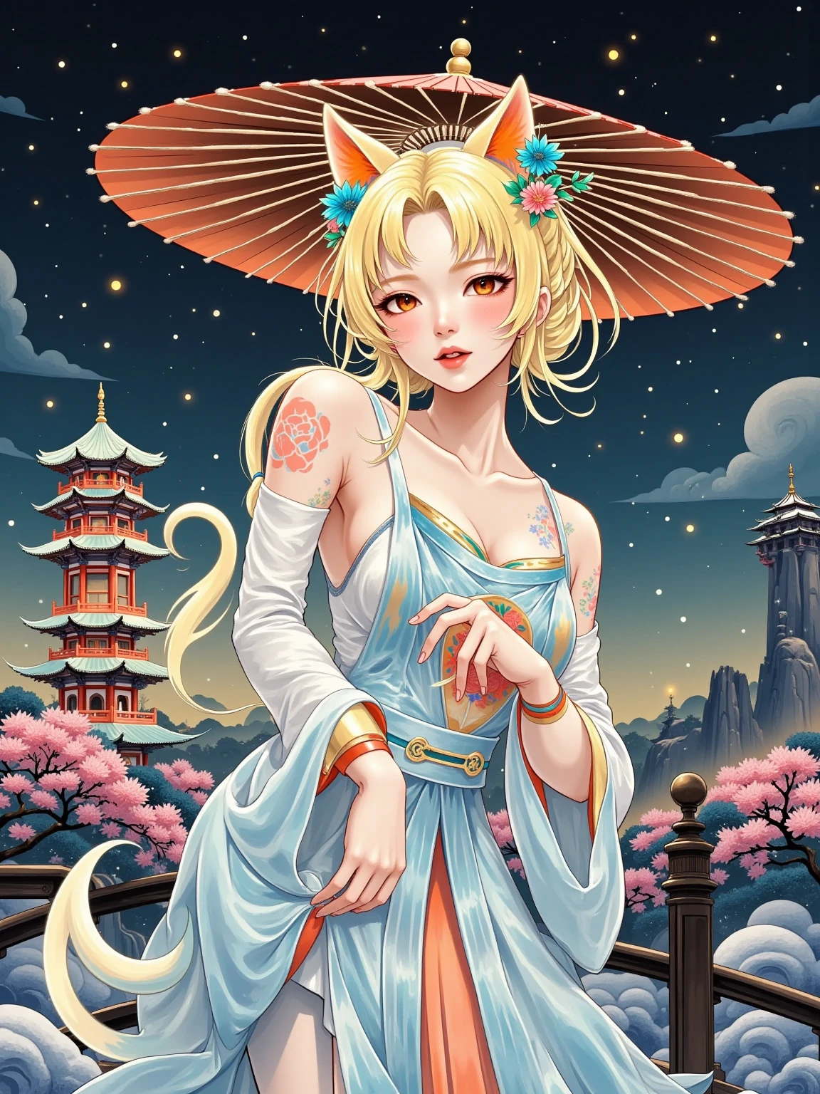 Masterpiece, best quality, full body shot (head and feet in the frame)(highly precise drawing down to the smallest detail)(extremely precise representation)(anatomically correct)1girl, fit, small breasts,a breathtakingly beautiful japanese yokai kitsune (fox goddess) relaxing and showing friendly her fangs with a white foxmask in her hand(very athletic human body, fox ears, more than 3 foxtails)) dressed in peach-magenta-white hanfu clothing worthy of a goddess with a beautiful headdress, fit, small breasts, paper lanterns and peonies, very detailed images, extremely detailed, complicated details, high resolution, super complex details, mfbp1,huli,fox ear,vampy fang
