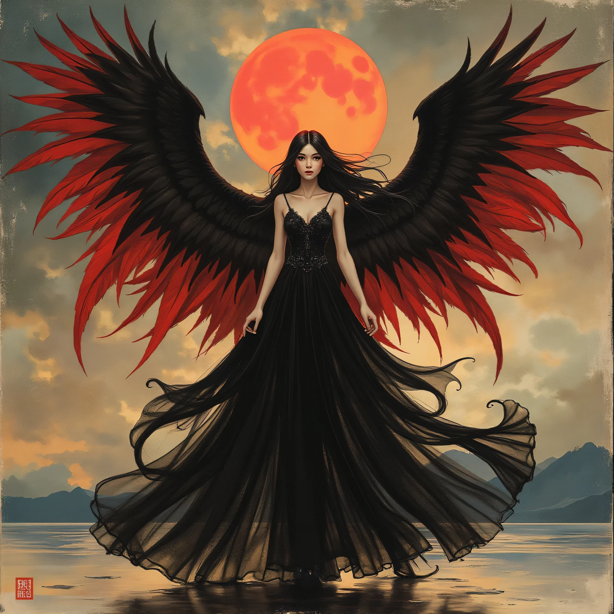 Detailed proportions and textures and multi-color with airbrushed brush strokes that presents a semi-realistic illustration in Chinese ink a female figure with striking, large wings. The wings are predominantly black with vibrant red accents, creating a dramatic contrast. The figure stands in a powerful pose, wearing a long, flowing black gown with intricate designs. Her skin is pale, and she has long, dark hair cascading down her shoulders. A glowing red halo hovers above her head, adding a mystical element. The background is a moody, cloudy sky with hints of mountains in the distance, enhancing the ethereal and otherworldly atmosphere of the scene.very balanced saturation in the color palettes very defined (Color with monochorome intense shaded tones and shine, tone red 25% + yellow 25% + blue 25% + biofluorescent 12.5%+ transparencias 12.5%. Aesthetic fusion by (Fibonacci ratio. A poupée realiste of a young girl ballet-like. female (Including a variety of pink skin and beige-dark tones that give it contrast and shine) character type. Fluid texture that gives the sensation of movement to the Thin, fine of leaves that moulds to the figure (her clothes with relief and folds give volume and depth to the character) style. Haute couture photoshoot (in high quality of full body). Sharp Highly Detailed Soft Focus, Approaching Perfection, Full HD 8K. High and Low Angles. of Coco Chanel, Gianni Versace, Alberto Vargas, Greg Rutkowsk art style fusion.