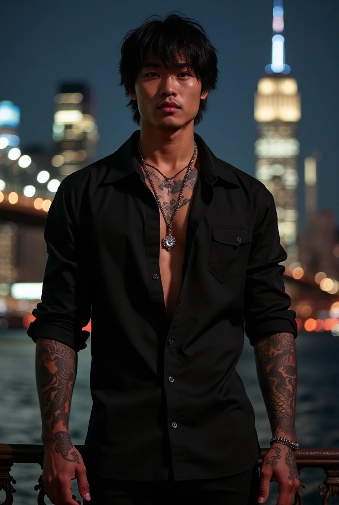 homem anime estilo jujutsu, Gang face tattoos on arm , cabelo preto e roupas vermelhas da yakuza