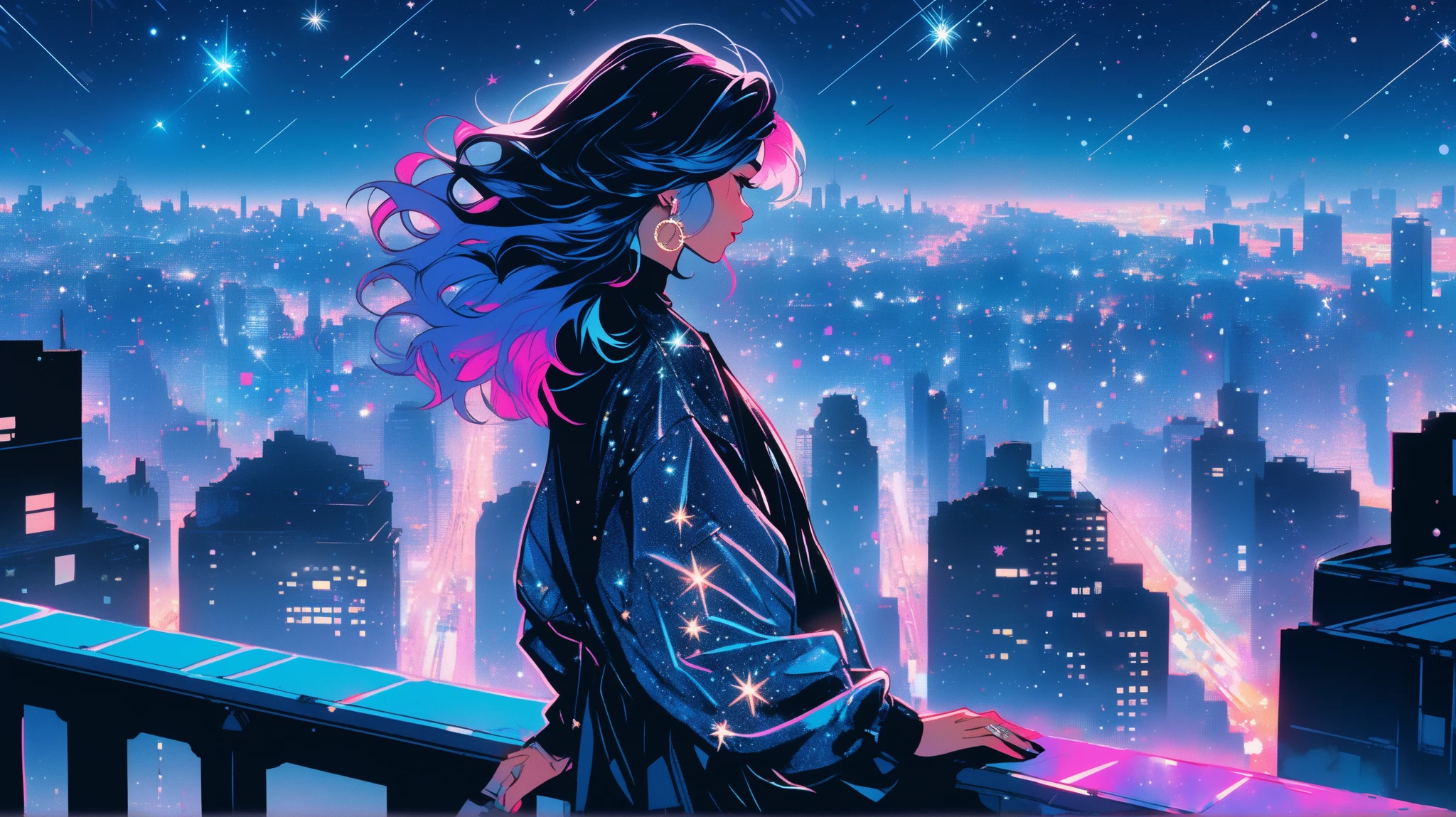 One woman with stylish hair and fashionable clothes standing on a rooftop overlooking a vast cityscape under a starry sky, diamond dust sparkling in the air, romantic, ((illustrator)), flat color, stylish, neon hair, (masterpiece, top quality), portrait, (( dynamic angles)), ((illustrator)), flat color, stylish, neon hair, (masterpiece, top quality), portrait, (((dynamic angles)), ((illustrator))