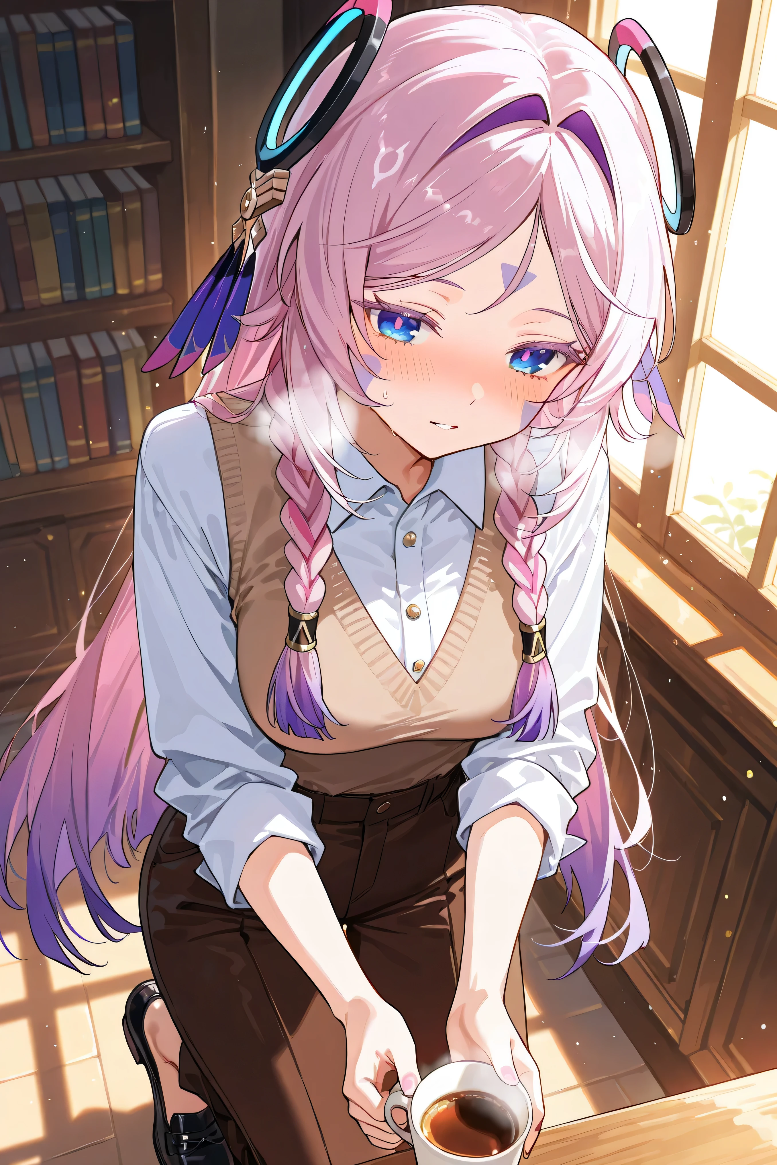 score_9, score_8_up, score_7_up, masterpiece, best quality, very aesthetic, absurdres, tunning image, light particles, attractive image, 1girl, adult grown woman, citlali \(genshin impact\), pink hair, purple hair, multicolored hair, twin braids, hair intakes, blue eyes, forehead mark, lavender eyelashes, pink pupils, headgear, long hair, colored eyelashes, blush, heavy breathing, masterpiece,best quality,amazing quality, nails, 5 fingers, alternate costume, An anime character dressed in vintage café aesthetic style, wearing a loose white button-up shirt with rolled-up sleeves, a classic brown vest, and high-waist tailored trousers. They have elegant leather shoes and a relaxed, charming expression while holding a warm cup of coffee. The background is a cozy, softly lit café with wooden furniture, bookshelves, and a window showing a gentle sunset glow