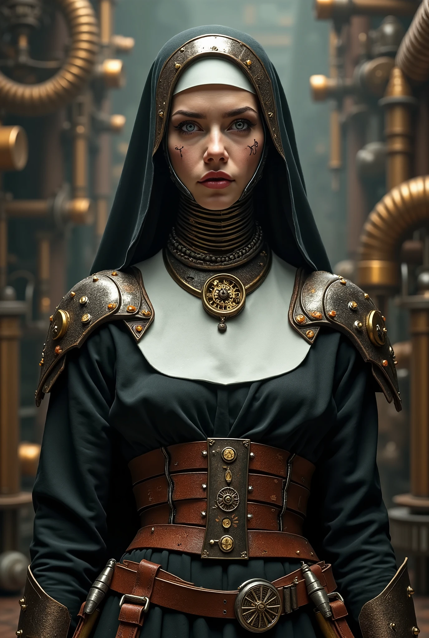 (science fiction:1.2), (horror:1.4), (darkfantasy:1.2), BREAK,
(1girl:1.2), (nun:1.2), (solo:1.3), (robe:1.2), (veil:1.2), (shroud:1.2), (cyborg:1.3), (mechanical limbs:1.4), (mechanical neck:1.4), (glowing eyes:1.2), (heavy mascara:1.2), (torn clothes:1.2), BREAK,
(black mass:1.2), (cabal:1.2), (occult:1.2), BREAK,
(masterpiece:1.4), (4k:1.2), (extreme resolution:1.2), (highly intricate:1.2), (studio quality:1.2), (extremely detailed:1.2), (beautiful and aesthetic:1.4)