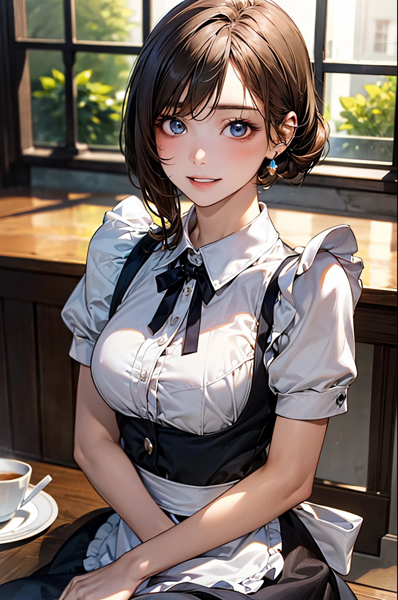 (Photorealistic Photo: 1.1), (Blur: 1.5), (HDR: 1.3),
(Masterpiece:1.3), Absurdity, Hi-Res, Ultra Detail, One Girl, (Detail Maid Bow Tie:1.3),
dark brown disheveled hair, transparent hair, (beautiful cute black eyes: 1.3), beautiful skin, (natural makeup: 1.1), solo, dynamic angle, smile,
Maid serving junk food breakfast in a sophisticated and incredibly spacious dining room with the rising sun and beautiful white walls,