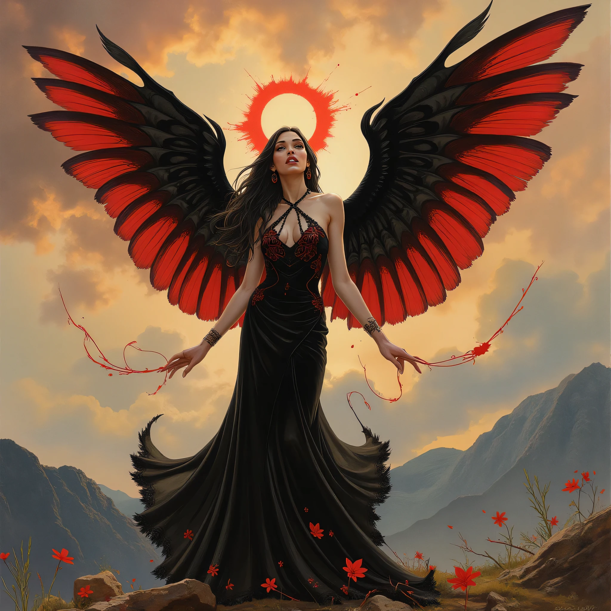 Detailed proportions and textures and multi-color with airbrushed brush strokes that presents a semi-realistic illustration in Chinese ink a female figure with striking, large wings. The wings are predominantly black with vibrant red accents, creating a dramatic contrast. The figure stands in a powerful pose, wearing a long, flowing black gown with intricate designs. Her skin is pale, and she has long, dark hair cascading down her shoulders. A glowing red halo hovers above her head, adding a mystical element. The background is a moody, cloudy sky with hints of mountains in the distance, enhancing the ethereal and otherworldly atmosphere of the scene.very balanced saturation in the color palettes very defined (Color with monochorome intense shaded tones and shine, tone red 25% + yellow 25% + blue 25% + biofluorescent 12.5%+ transparencias 12.5%. Aesthetic fusion by (Fibonacci ratio. A poupée realiste of a young girl ballet-like. female (Including a variety of pink skin and beige-dark tones that give it contrast and shine) character type. Fluid texture that gives the sensation of movement to the Thin, fine of leaves that moulds to the figure (her clothes with relief and folds give volume and depth to the character) style. Haute couture photoshoot (in high quality of full body). Sharp Highly Detailed Soft Focus, Approaching Perfection, Full HD 8K. High and Low Angles. of Coco Chanel, Gianni Versace, Alberto Vargas, Greg Rutkowsk art style fusion.