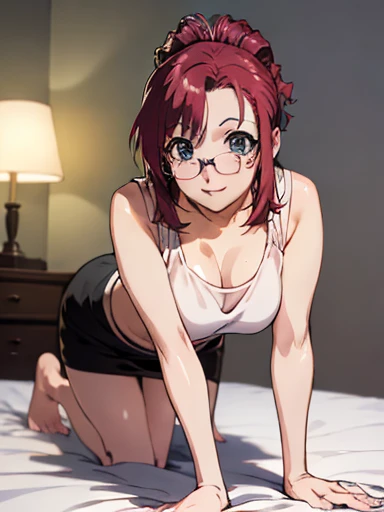 RanmaChan, Red hair, Braided hair, blue eyes, detailed eyes, whole body, Cleavage Bulge, naked, white tank top, too much cum