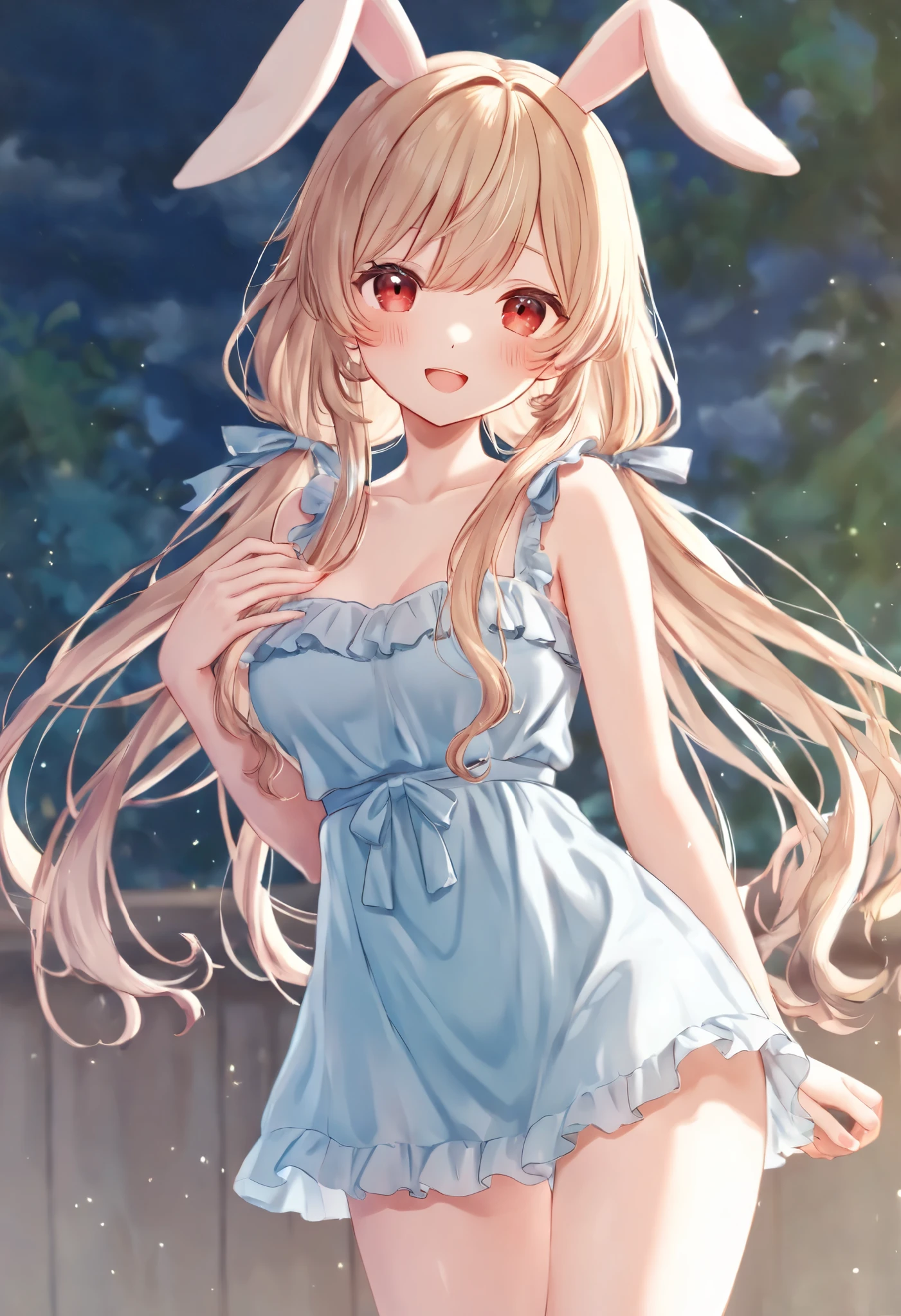 (8k, best quality, master piece: 1.2),super high resolution,1 girl, solo, kneel down on the ground and apologize, hands on ground ,ultra-detailed face, Selfie、Pastel summer dresses、Random hairstyle、Random hair color、one's home、(bed)、Midnight、Out of the window、Starry Sky, Collarbone, Ecstatic expression,