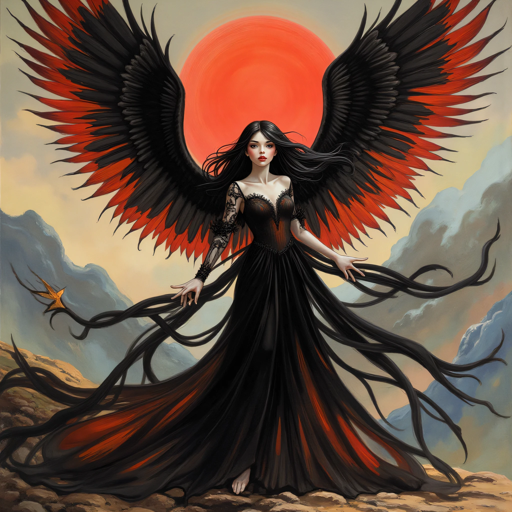 Detailed proportions and textures and multi-color with airbrushed brush strokes that presents a semi-realistic illustration in Chinese ink a female figure with striking, large wings. The wings are predominantly black with vibrant red accents, creating a dramatic contrast. The figure stands in a powerful pose, wearing a long, flowing black gown with intricate designs. Her skin is pale, and she has long, dark hair cascading down her shoulders. A glowing red halo hovers above her head, adding a mystical element. The background is a moody, cloudy sky with hints of mountains in the distance, enhancing the ethereal and otherworldly atmosphere of the scene.very balanced saturation in the color palettes very defined (Color with monochorome intense shaded tones and shine, tone red 25% + yellow 25% + blue 25% + biofluorescent 12.5%+ transparencias 12.5%. Aesthetic fusion by (Fibonacci ratio. A poupée realiste of a young girl ballet-like. female (Including a variety of pink skin and beige-dark tones that give it contrast and shine) character type. Fluid texture that gives the sensation of movement to the Thin, fine of leaves that moulds to the figure (her clothes with relief and folds give volume and depth to the character) style. Haute couture photoshoot (in high quality of full body). Sharp Highly Detailed Soft Focus, Approaching Perfection, Full HD 8K. High and Low Angles. of Coco Chanel, Gianni Versace, Alberto Vargas, Greg Rutkowsk art style fusion.