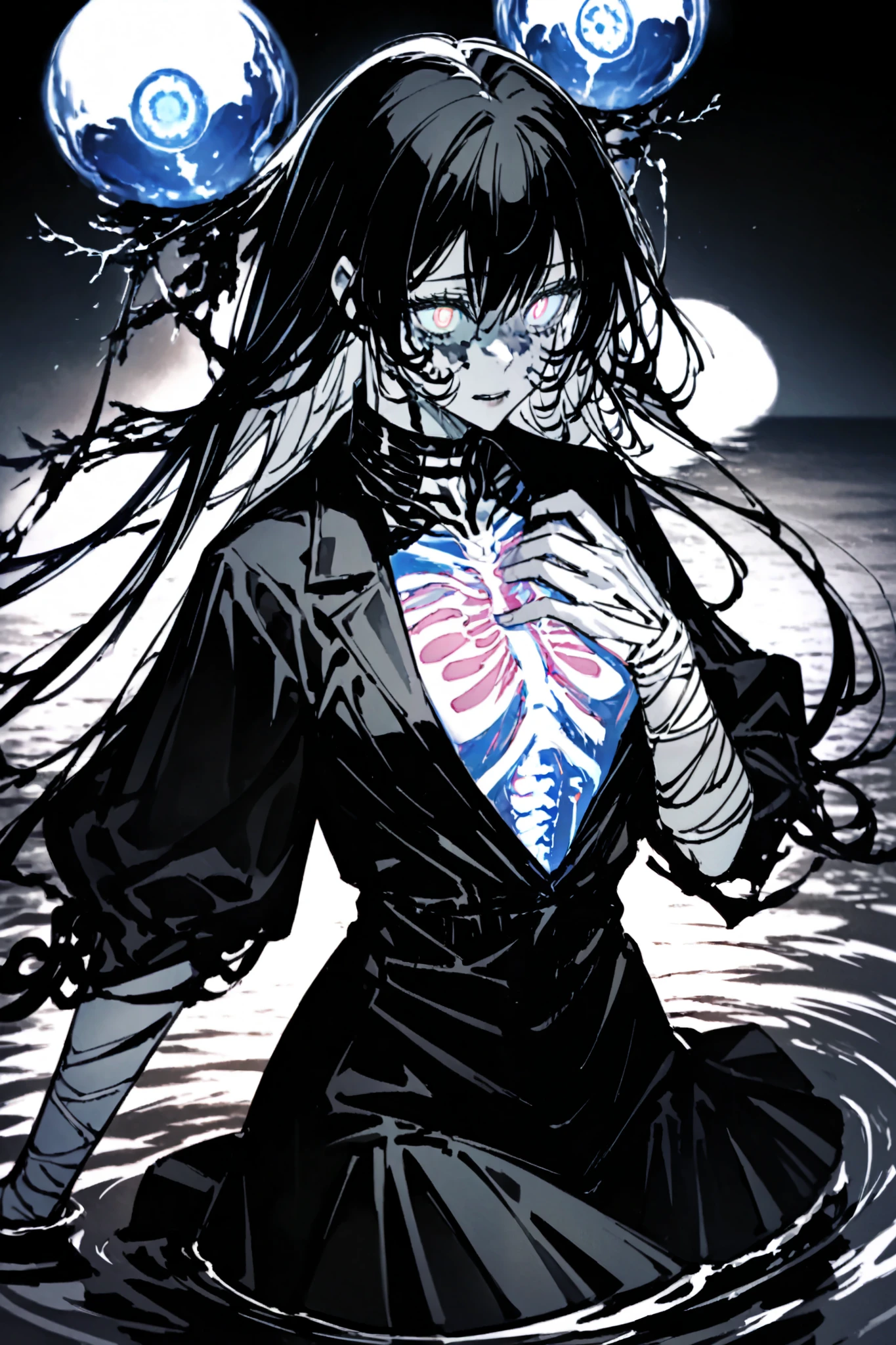 appearance:
Shion has a human appearance but with a terrifying touch . Her skin is translucent , allowing you to see part of her internal organs in a bright blue spectral tone. her hair is long , black and floats slightly , as if she were always submerged in water . Her eyes are white without pupils , but when she uses her abilities , they light up with a reddish glow . Her clothing consists of a long, dark jacket , torn at the edges , a tight black dress and bandages on her hands and neck , as if trying to cover her own nature .