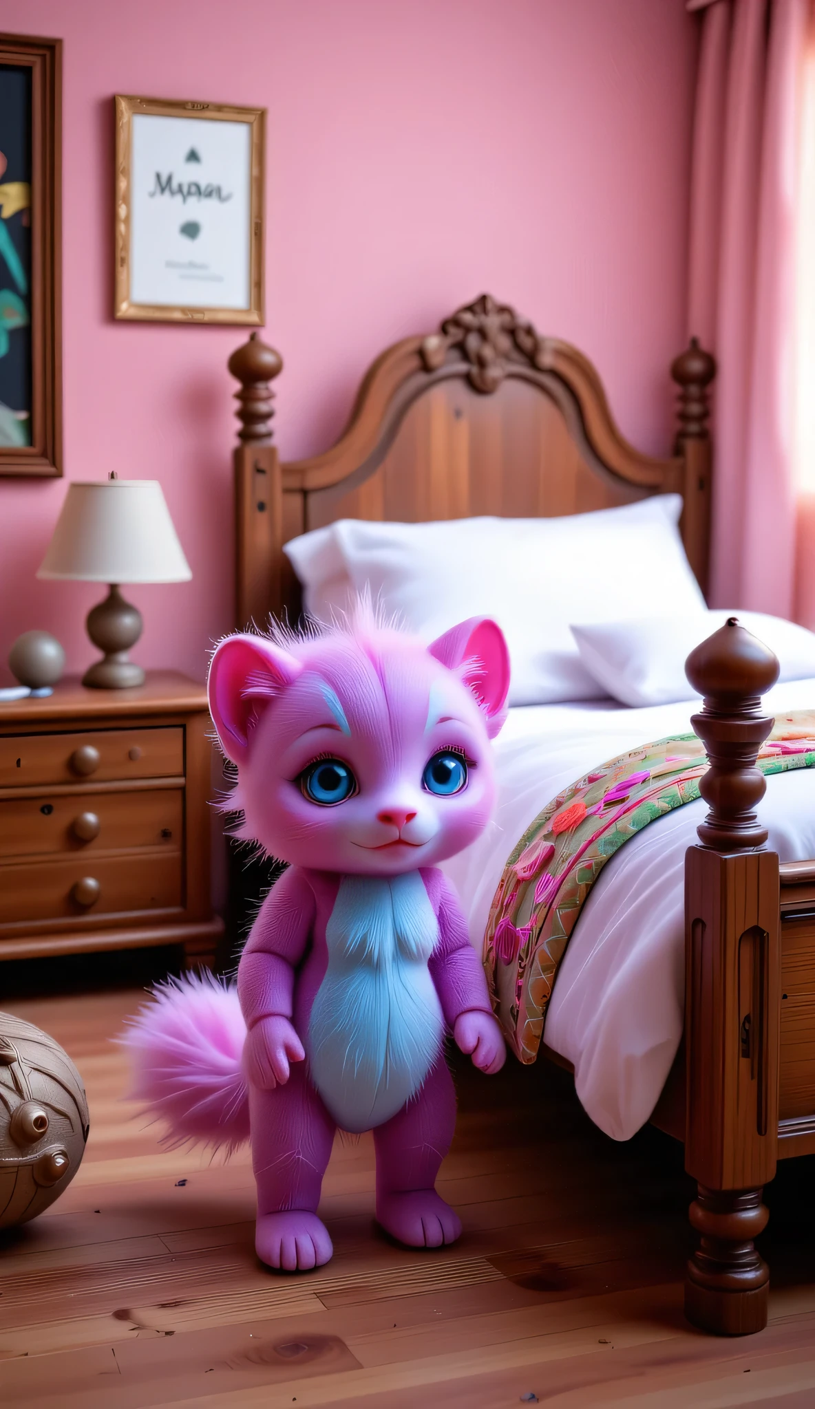 a cute fluffy bright colored little creature standing next to a bed

