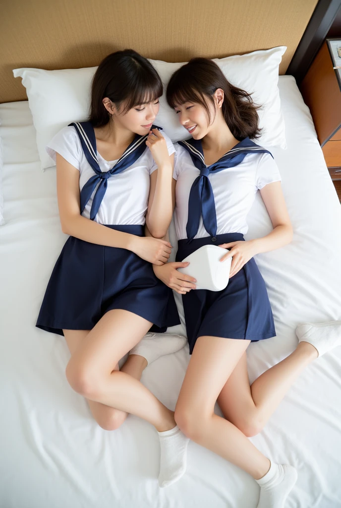 (top-quality、in 8K、32K、masterpiece、超A high resolution、Impresionismo、Photorealsitic:1.2)、Full body, Inside the classroom、Schools、Evening glow、beauitful face、blurry backround、16-year-old beautiful girl、shinny skin、bob cuts、Beautiful black hair、(Katyusha:1.2)、a sailor suit、Pleated miniskirt、Curve、dynamicposes、Smile with open mouth、Two girls, lying on sofa