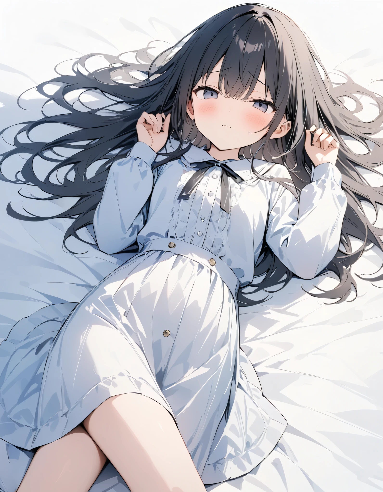 high quality, 最high quality、 Stylish design, (((The cutest girl))), ((Thin legs))、(((最high quality))), High resolution, ((detailed)), ((masterpiece)), ((Super detailed)), 14-year-old girl、Black Hair、Inner Color、((Lying on your back in bed)),((Light clothing,underwear)),((Sexual)),(((Shyness,Eyes closed)))