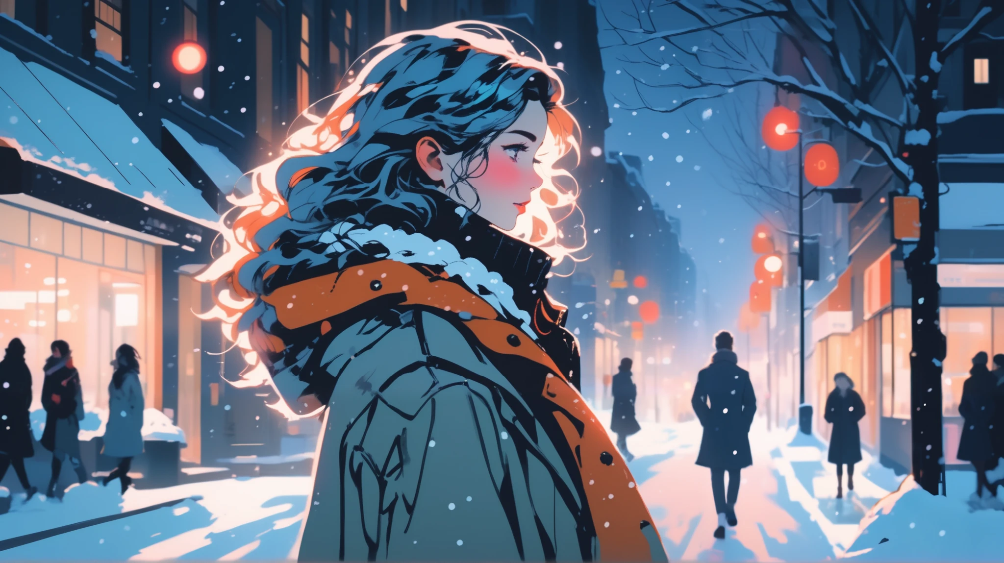 walking on a snow-covered street at night, illuminated by soft light, the snow falling like velvet, the city buildings are in the background, a warm light from a window, the scene is calm and romantic, One woman with stylish hair and fashionable clothes, romantic, ((illustrator)), flat color, stylish, neon hair, (masterpiece, top quality), portrait, (( dynamic angles)), ((illustrator)), flat color, stylish, neon hair, (masterpiece, top quality), portrait, (((dynamic angles)), ((illustrator))