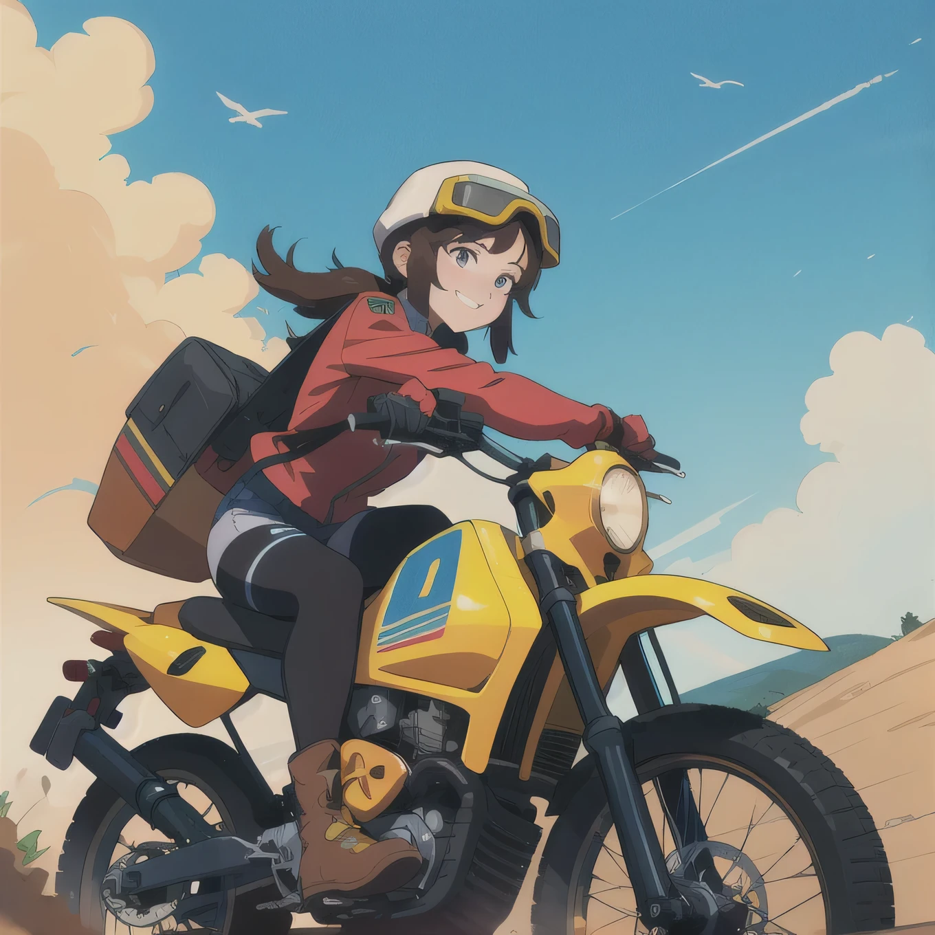 (cel_shading),
1girl,flight goggles,riding a motobi \(mtb umk\),smile,dirt road,dust,
BREAK masterpiece,best quality,