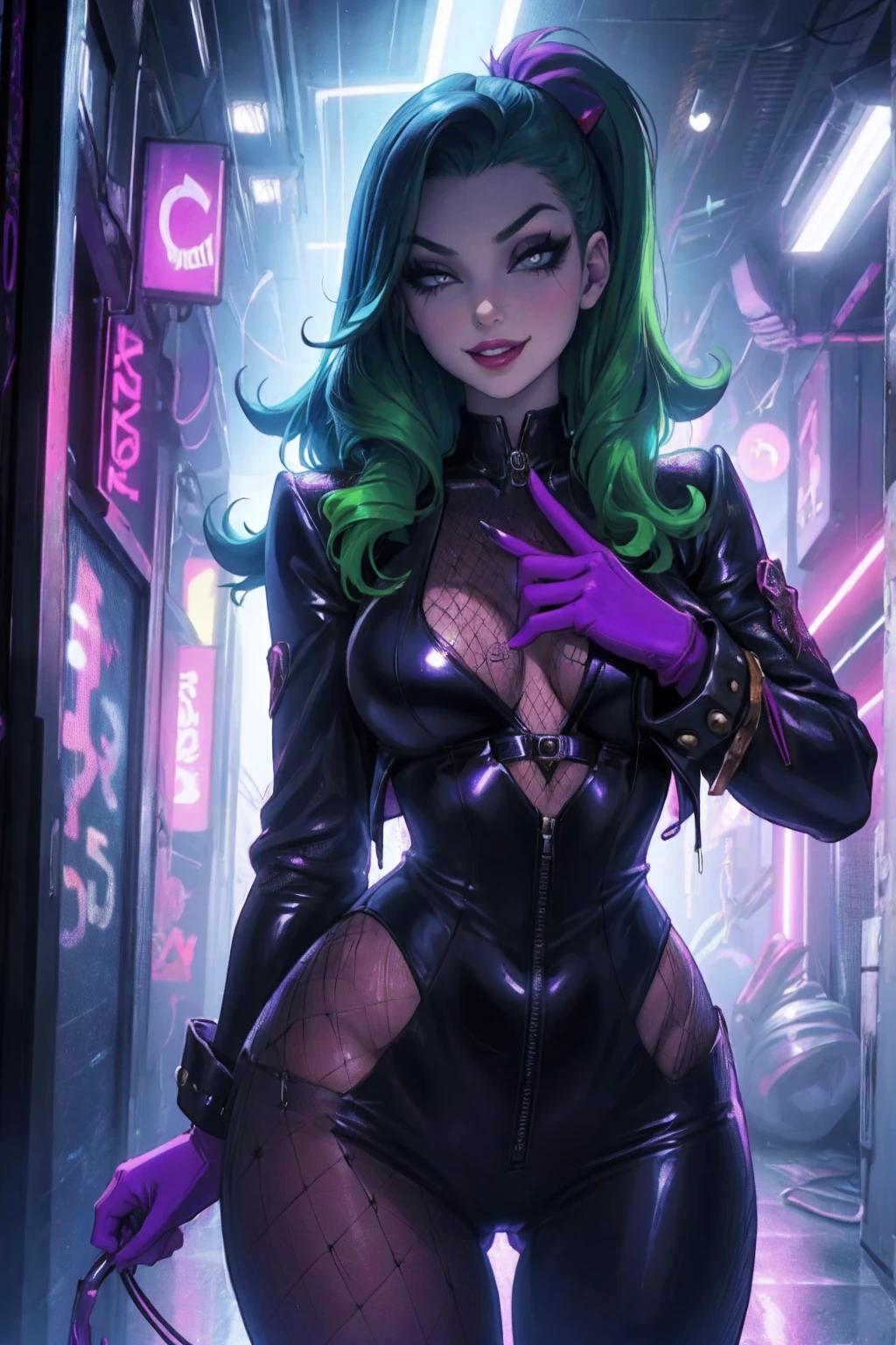 Anime style, western comic style, radioactive, neon green and neon blue color scheme, purple neon lights,  luminous, punk bad girl, multicolored hair, bomb hair, wide hips, slim hourglass figure, slim waist, (demonic, hellish, evil:1.25), (whole body:1), Loose curls, horns, behind, thigh high boots, demonic tattoos creepy lighting, Infernal spawn,  muscular, Caucasian, (in the sulfur plains:1.2), counterpast, in a pleasant, Korean hallway, bomb hair, Platinum hair, Viking Braids,long hair with a low braid, letter pose