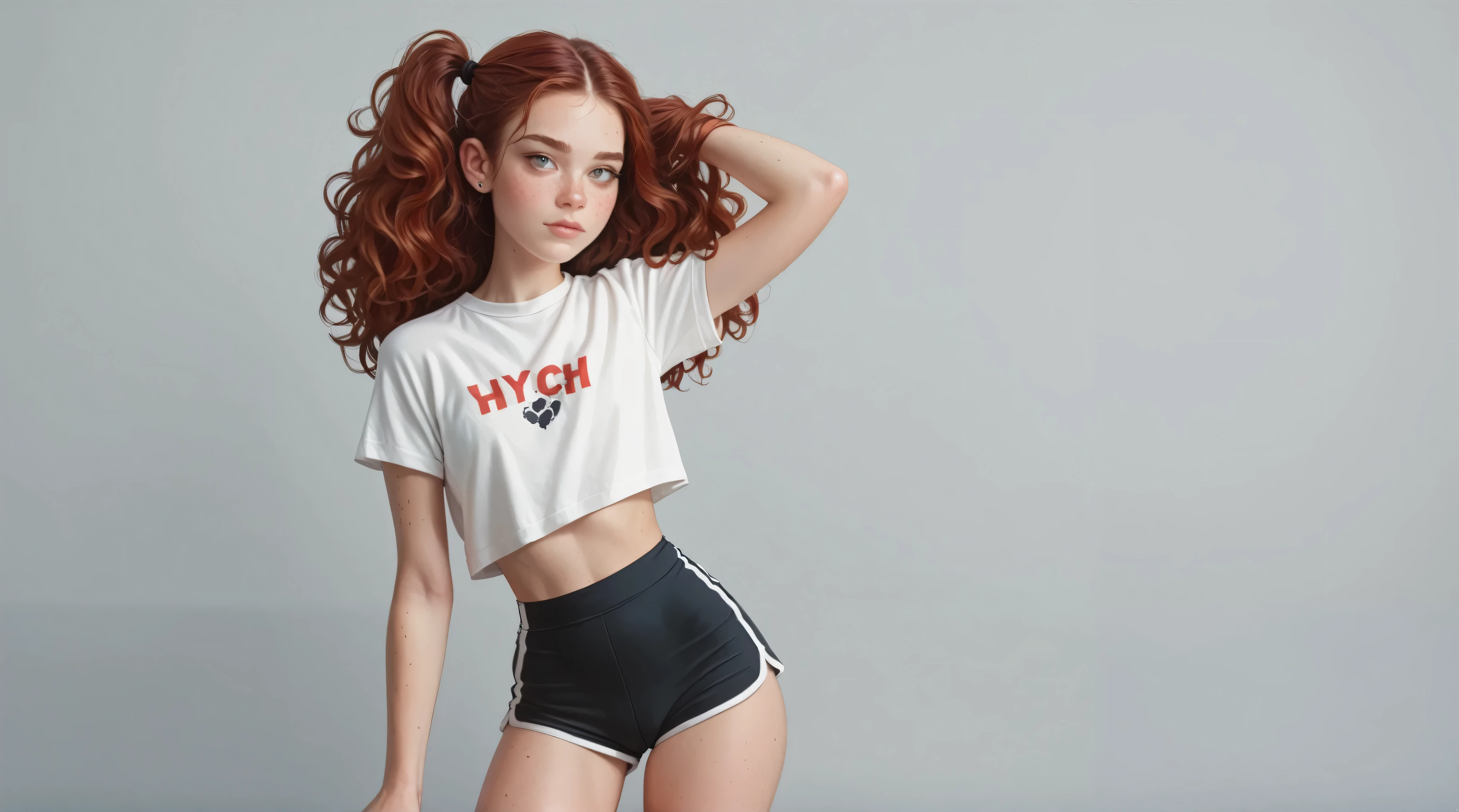 ( highly detailed) a hot young girl is wearing tight polyester gym shorts, matte black, with white blouse , she has wavy red hair , Freckles and you're making peace and love with your hand