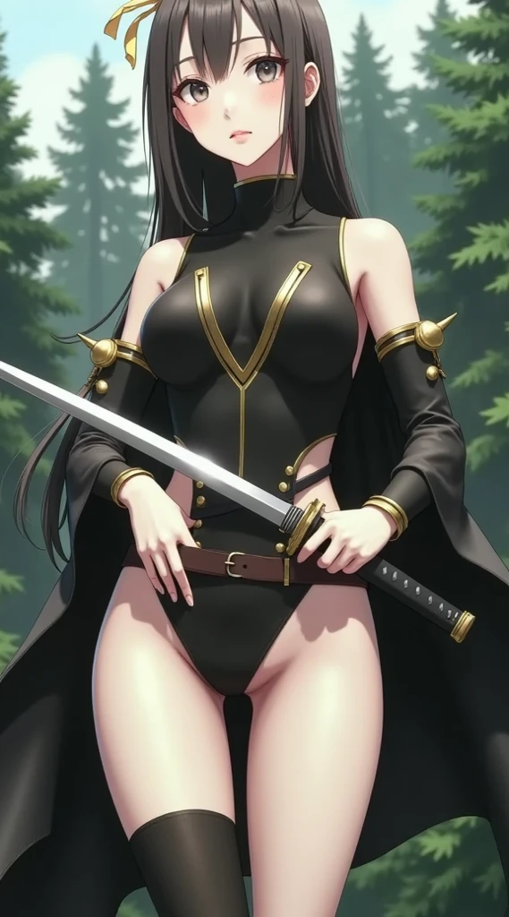 A tall, medieval anime warrior girl with long, straight black hair and purple eyes. Light skinned, big boobs, a forest background, sassy, big hips, lightweight armor,   looking at camera, camera angle is low.