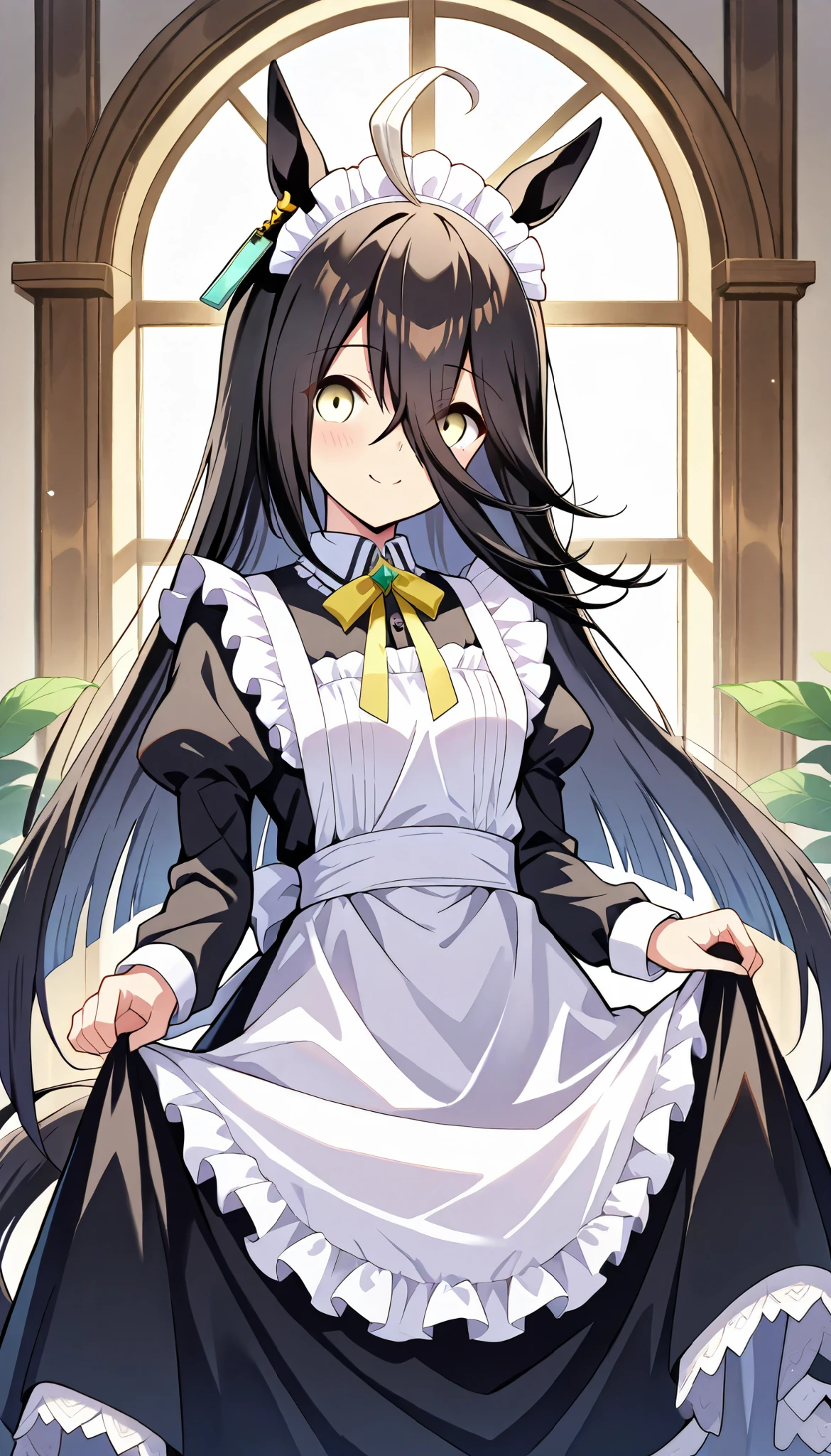 Long, slender face,manhattan cafe ( umamusume), ahoge,animal ears,,black hair,earrings,,hair between eyes, highres,horse ears,jewelry,long hair,multicolored hair,,yellow eyes,, ,horse girl,, horse tail,tail,,,, very long hair,,eyebrows visible through hair,eyes visible through hair,small breasts,score_9, score_8_up , score_7_up , source_anime, 1girl ,maid, maid apron, maid headdress, puffy sleeves,Liftup skirt, smiles