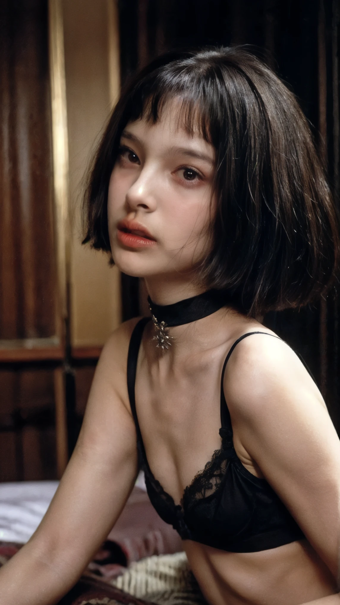 (nsfw:-2),(realistic, photo-realistic:1.4), (masterpiece, best quality:1.2), RAW photo, high resolution, intricate details, extremely detailed, sharp focus, cinematic lighting, portrait, solo, 1girl, a petite maiden, a--yo Israeli woman, posing for gravure photography, sensual posture, (short bob cut dark hair with short bangs), (detailed face, beautiful detailed eyes, sophisticated nose), pale skin, fine-textured skin, collarbone, thighs, (tiny breasts, flat chest), (choker, jewelry, revealing black lingerie, tiny bra, tiny thong, thin strap, sleeveless), photo background, indoors,,,[Natalie Portman]