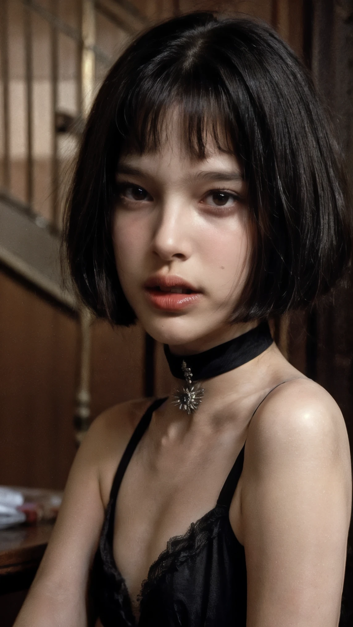 (nsfw:-2),(realistic, photo-realistic:1.4), (masterpiece, best quality:1.2), RAW photo, high resolution, intricate details, extremely detailed, sharp focus, cinematic lighting, portrait, solo, 1girl, a petite maiden, a--yo Israeli woman, posing for gravure photography, sensual posture, (short bob cut dark hair with short bangs), (detailed face, beautiful detailed eyes, sophisticated nose), pale skin, fine-textured skin, collarbone, thighs, (tiny breasts, flat chest), (choker, jewelry, revealing black lingerie, tiny bra, tiny thong, thin strap, sleeveless), photo background, indoors,,,[Natalie Portman]