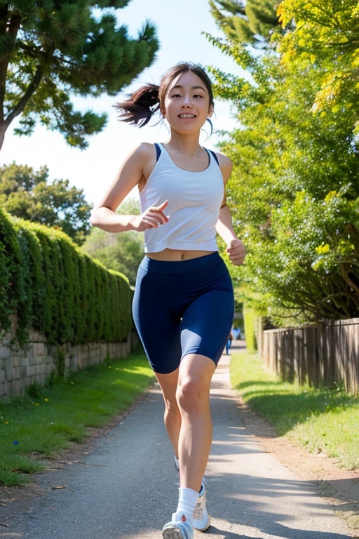 ((Top Quality)), ((8K)), ((Masterpiece: 1.3)), (Perfect Appearance), (Photorealism: 1.6), (Japanese woman jogging: 1.6), (clear background), (Beautiful jogging form with a straight spine: 1.2), japanese woman, (48 years old), ((Standing upright, facing forward, center of screen)), ((Realistic skin texture)), (Fine wrinkles throughout the skin: 1.3), (Dull skin: 1.1), (Skin without moisture: 1.2) , (Wrinkles on the face: 0.9), (Wrinkles on the corners of the eyes: 1.2), Double eyelids, tear bags on the lower eyelids, (Crying moles: 0.9), Run straight looking in the direction you are heading, (Dimples: 1.2), straight medium length, ponytail, hair blowing in the wind, Sun visor, Functional T-shirt that fits your body perfectly, T-shirt damp with sweat, Wear shorts over running tights, running shoes, center of screen, (focus on upper body),
