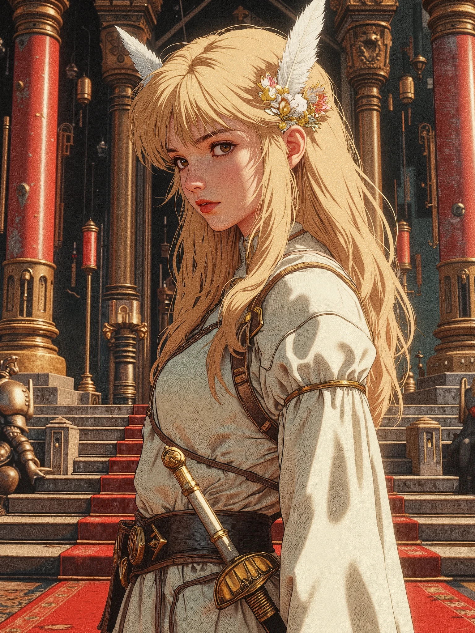 A girl about sixteen, with small tits, with blond long hair and brown eyes, with two white feathers in her hair behind her ears and a hair clip in the form of a golden lotus flower, in a delicate white dress with elements of armor and a sword behind his belt, he stands in the large throne room