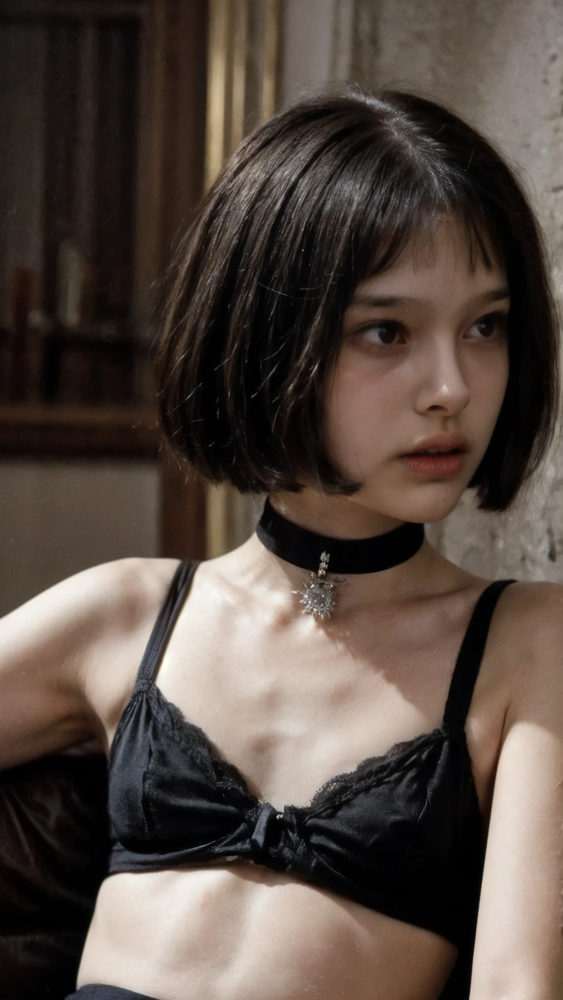 The high resolution photograph of a--yo Israeli woman, (realistic, photo-realistic:1.37), (masterpiece, best quality:1.2), RAW photo, 8k, intricate details, extreme details, vivid details, logical coherence, sharp focus, cinematic lighting, portrait, solo, 1girl, a petite maiden, seductive posing with sensual face for gravure photography, sensual posture, (short bob cut dark hair with short bangs), (detailed face, beautiful detailed eyes, sophisticated nose), pale skin, fine-textured skin, collarbone, thighs, (tiny breasts, flat chest), (choker, jewelry, revealing black lingerie, tiny bra, tiny thong, thin strap, sleeveless), photo background, indoors,,,[Natalie Portman]
