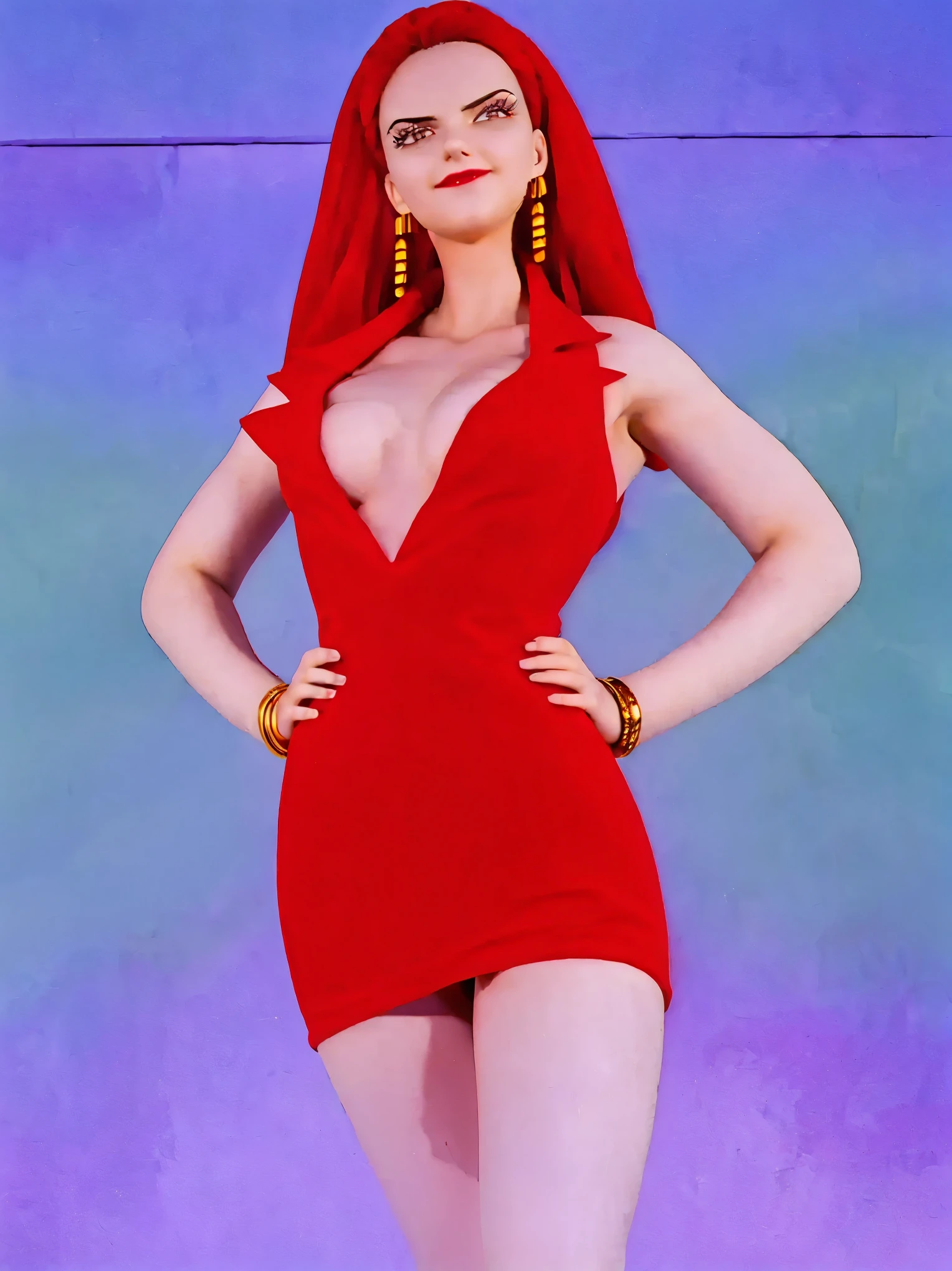 More realistic kaolinite, high heels, (( masterpiece, Ultra delicate,  face, 16K,  high resolution sweatshirt, )) Minivestido ajustado de oficina de v-neck,  seductive pose ,  tight red dress mini , v-neck, Vestido de uniforme,  Kaolinite red hair, bodycon dress, Cold,  purple-eyed ,  beautiful smile ,  realistic textures , 
