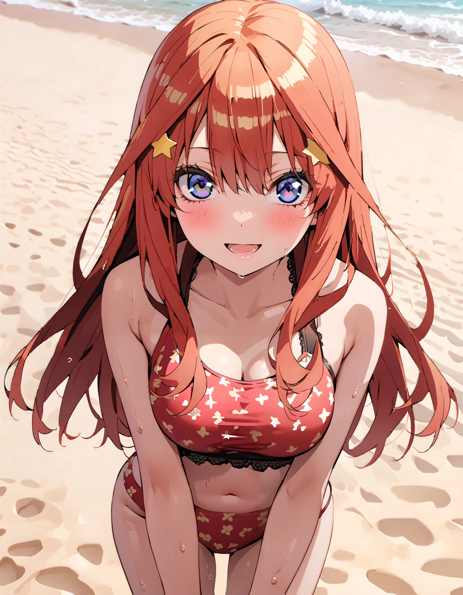 Nakano Mizuki , long hair, blue eyes, hair ornament, Red Hair, long hair,star ( symbol ), star hair ornament, smile,blush, open their mouths,Red bikini swimsuit ,Bare legs, tan, brown skin, wet swimsuit ,, wet skin, wet hair, standing, standing,whole bodyがイラスト に入るように,
break outdoors, beach,
break looking at viewer, whole body,
break ( Masterpiece:1.2), top quality , kampala,unity 8k wallpaper,(shape:0.8),( fine, beautiful eyes :1.6),It's a person ,whole body写真,CG Details , ( perfect hand, complete anatomy),
