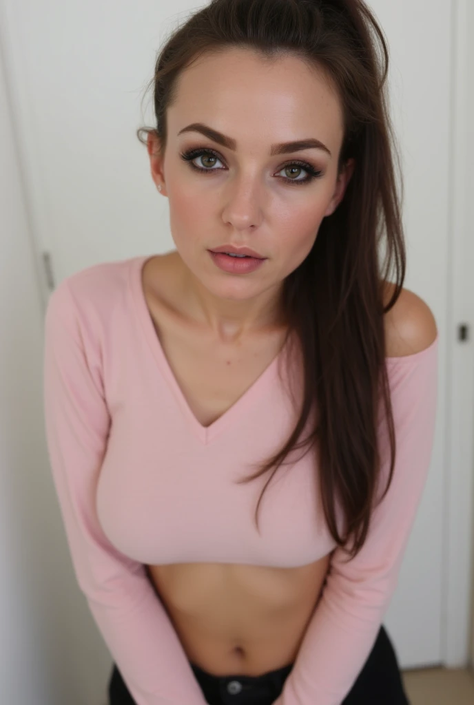 1 girl looking directly to camera,  fun, in distance, very pretty, 23 years old, tanned, long curly hair, pink hair, dark brown eyes, fluffy eyebrows, lips, realistic, far away, hyper realistic, detailed skin, realistic eyes, best quality, masterpiece, ultra high res, (photorealistic:1.3), 8K, raw photo, 1girl, natural skin texture, wearing top in bar, natural skin texture, dynamic pose,curvy body, bluse, t-shirt,  selfie, kissing pose, open mouth,  showing tongue, light freckles