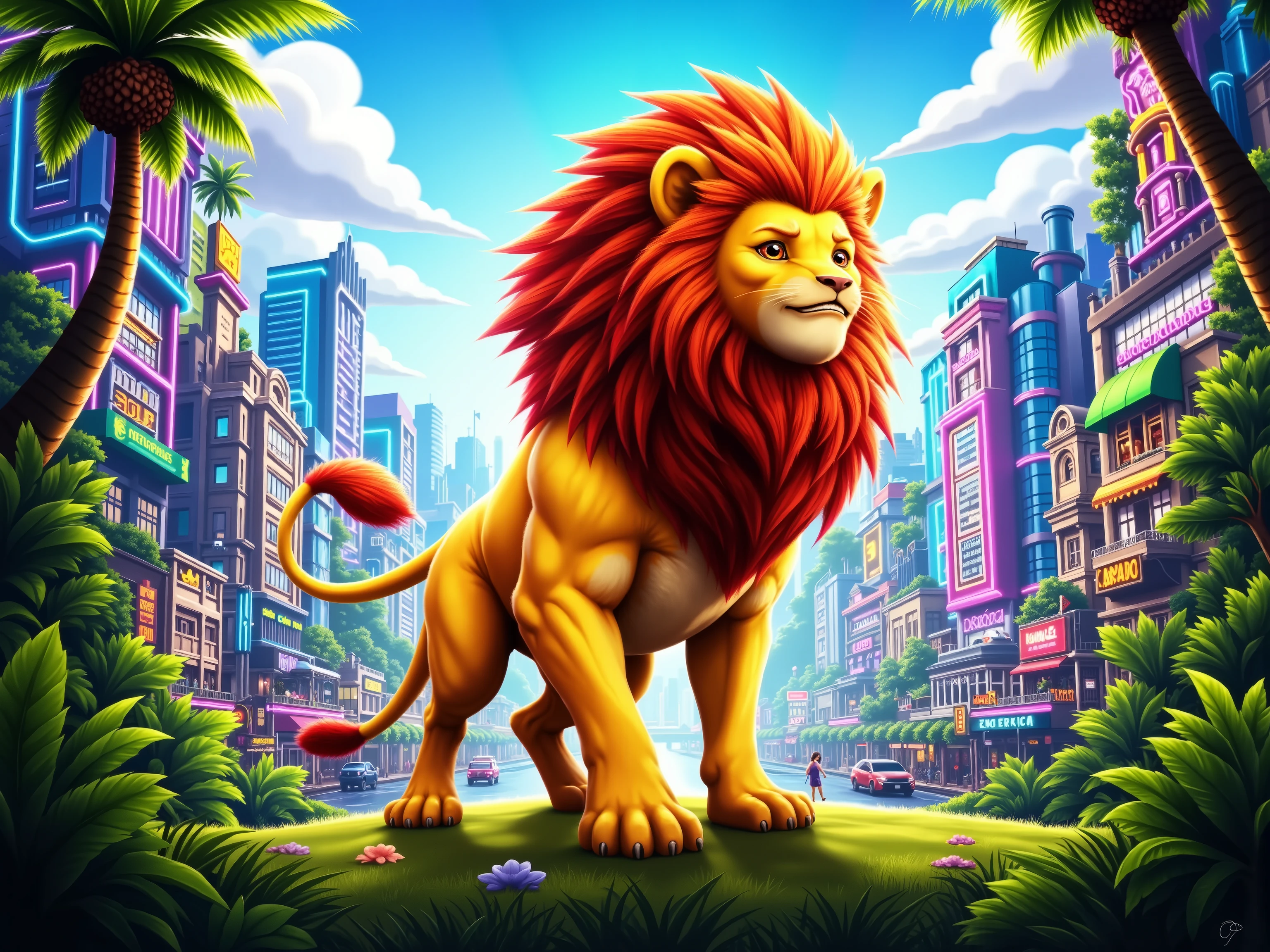 
A somewhat average but very colorful city in the middle of the jungle. In it, a normal-sized lion..

His body is 50 % animal and 50% human.
 Animated image type