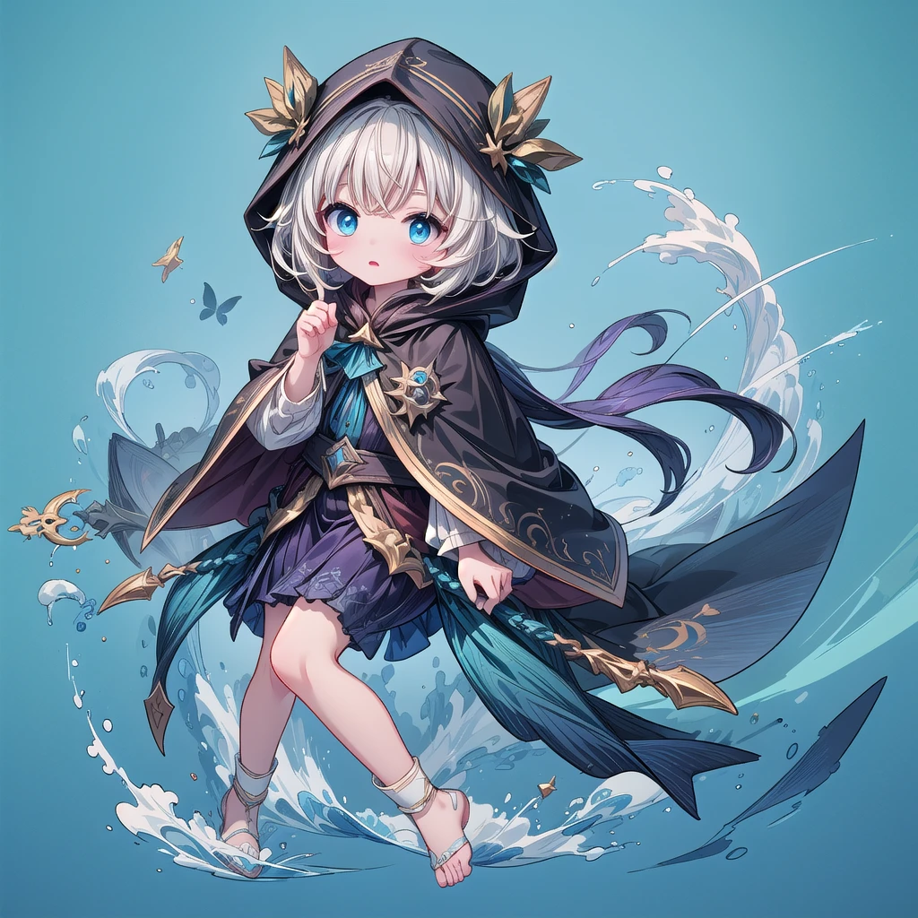 Chibi wearing a blue hooded cloak、The cape reaches down to the ankles、