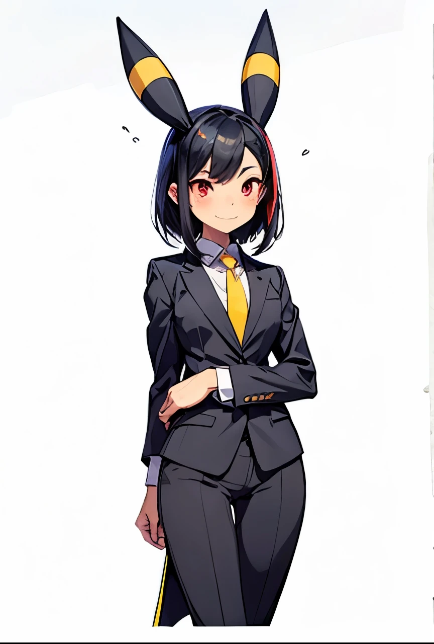 A girl with red eyes, Umbreon ears with a horizontal yellow stripe in the middle, jet-black hair with pixie cut and seductive smile , wearing a black business suit , White shirt, black pants, black jacket and pastel pink tie , Everything fits the body and highlights its curves. She has a flat chest, Small hips and small waist , but a well-trained butt .