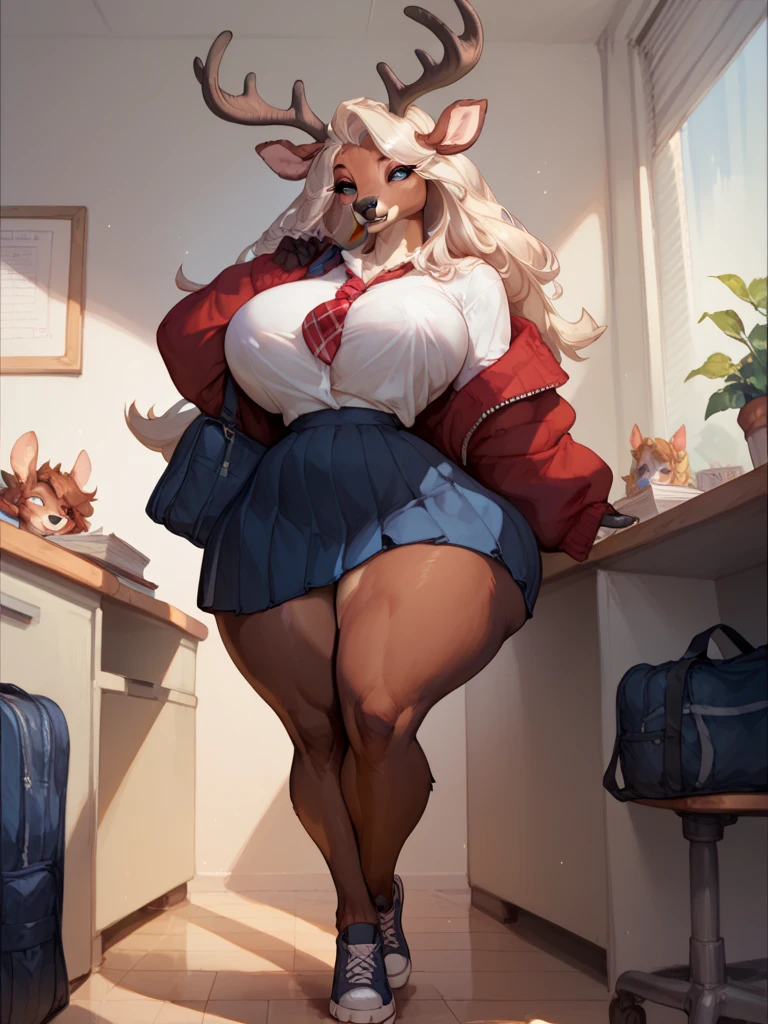 score_9, score_8_up, score_7_up, score_6_up, score_5_up, score_4_up, (solo), female anthro hyena, secretary clothes, skirt, lusty, fluffy body, long blond hair, turquoise eyes, (thick thighs:1.5)((( offering the breasts))) sex partial clothes, (((cleavage))) semi-butonned uniform niform, (barely_visible_booba) (she is sitting) , giant breasts, garter belt tights