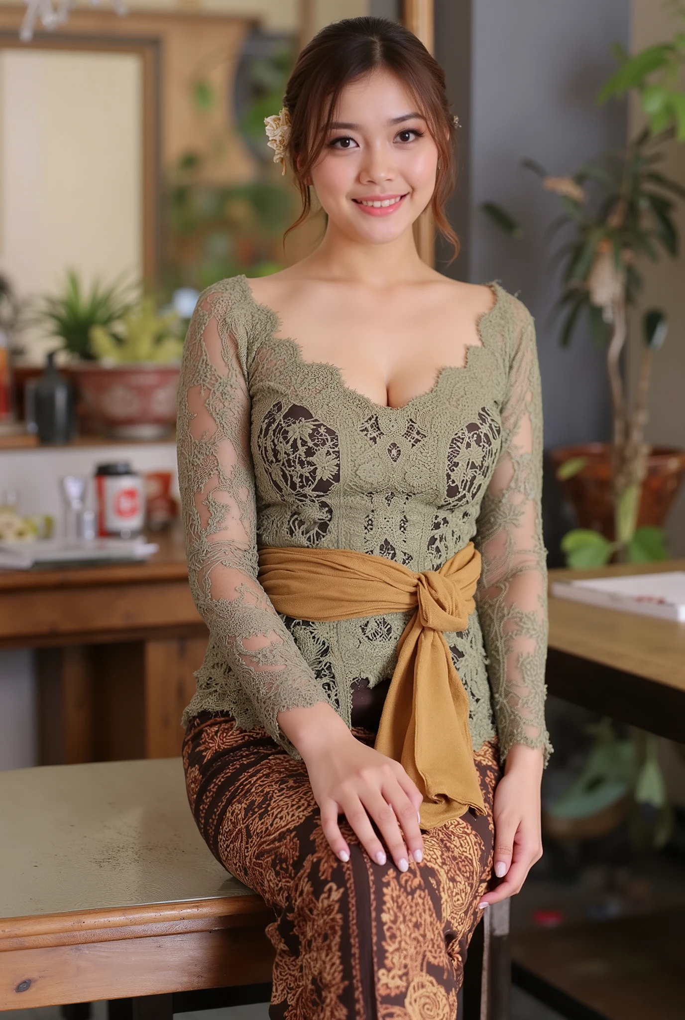   A beautiful and charming Indonesian maid who is cleaning the living room is wearing leggings, ((  charming camel toe detail:1.3))，Micro T String , ( bold and exaggerated streamlined skirt ), (brown and green fabric  :1.4)，  lace tulle maid outfit  ：1.2，   beautiful round chest   , Protruding nipples ,Wearing thong panties  , ( (  Alphonse Mucha  )   clean line pattern 1  .5), （  shows off your round hips  ），  Smile：1.3 ,Her lower body hair is revealed from the side of her panties, big breast (1:1.8), she posed doggy style showing her breast, very thight skirt, ((transparent cloth)), wet hair, sit on chair, naughty pose, wet hair, ((very long hair)), ((naughty pose)), ((doggy pose))