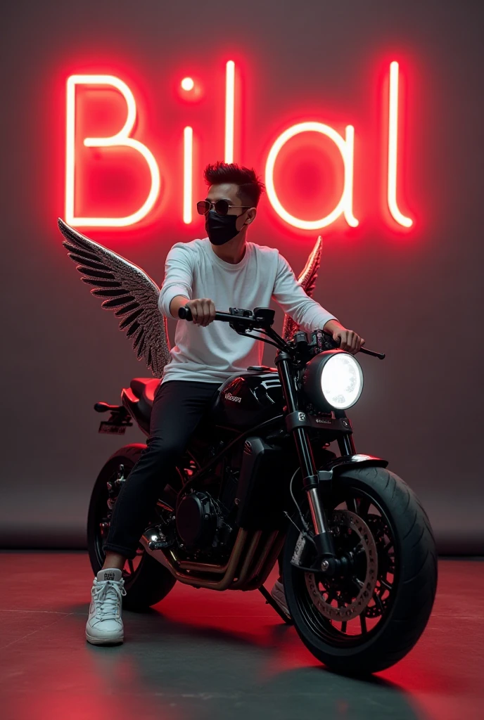 Create a 3d illusion a profile picture where a 20 years old cute body bilder boy in a kawasaki heavy bike wearing sneakers he looks ahead the background features he looks ahead the background features Mian Adil in big and capital red neon light fonts on the dark grey wall therw should not be his shadow and there are wings to make it appear