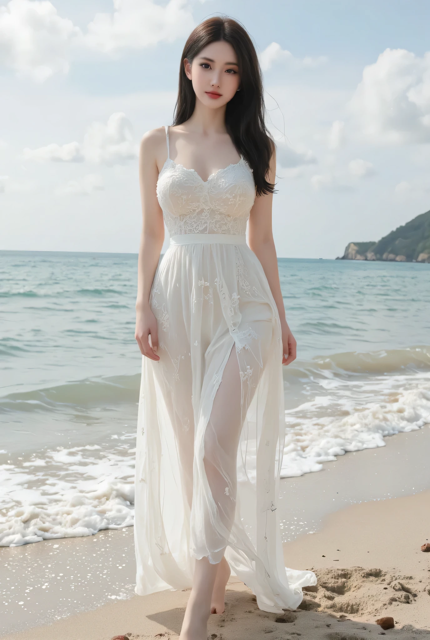 On the beach there is a girl wearing this transparent dress,Walk barefoot in the waves
