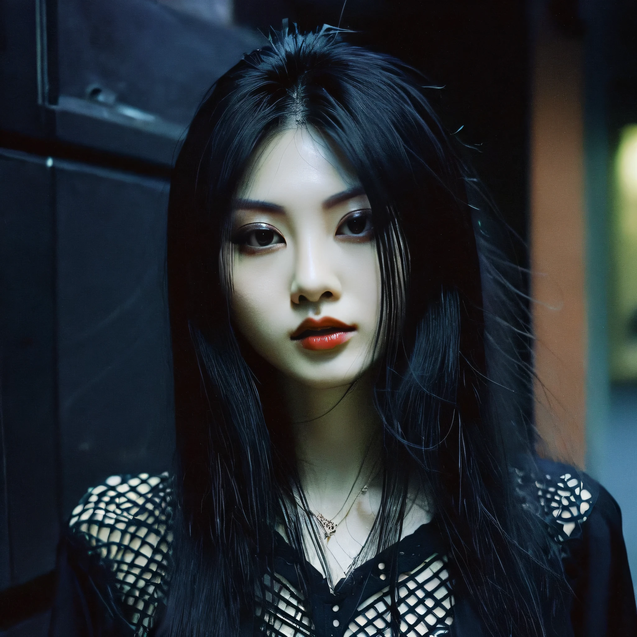 (ANALOG photo) (woman) (Japanese) very black long hair, gothic style clothing, night, summer, streets of Tokyo
