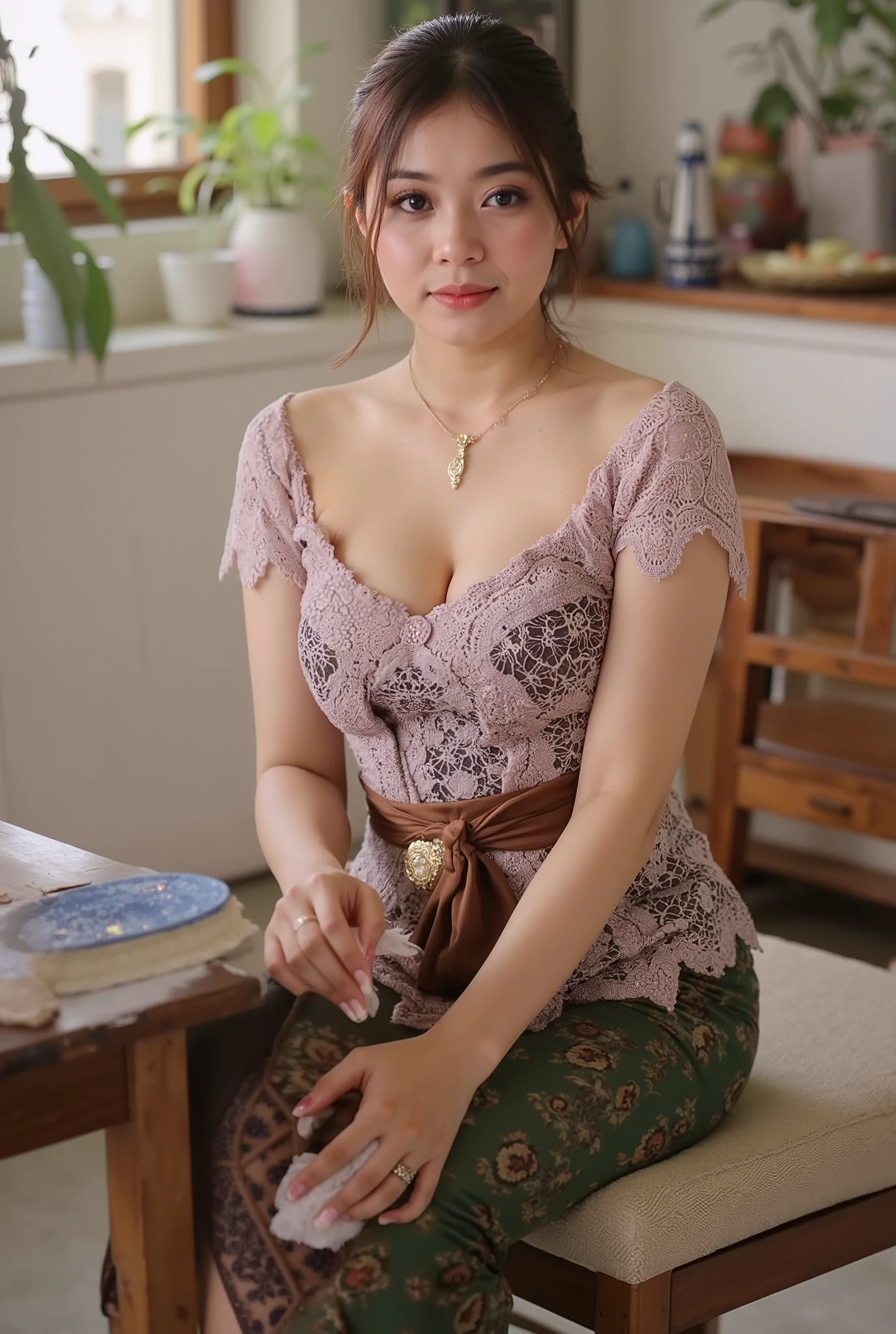   A beautiful and charming Indonesian maid who is cleaning the living room is wearing leggings, brown skin, sweating, wet skin, ((  charming camel toe detail:1.3))，Micro T String , ( bold and exaggerated streamlined skirt ), (brown and green fabric  :1.4)，  lace tulle maid outfit  ：1.2，   beautiful round chest   , Protruding nipples ,Wearing thong panties  , ( (  Alphonse Mucha  )   clean line pattern 1  .5), （  shows off your round hips  ），  Smile：1.3 ,Her lower body hair is revealed from the side of her panties, big breast (1:1.8), she posed doggy style showing her breast, very thight skirt, ((transparent cloth)), wet hair, sit on chair, naughty pose, wet hair, ((very long hair)), ((naughty pose)), ((doggy pose))