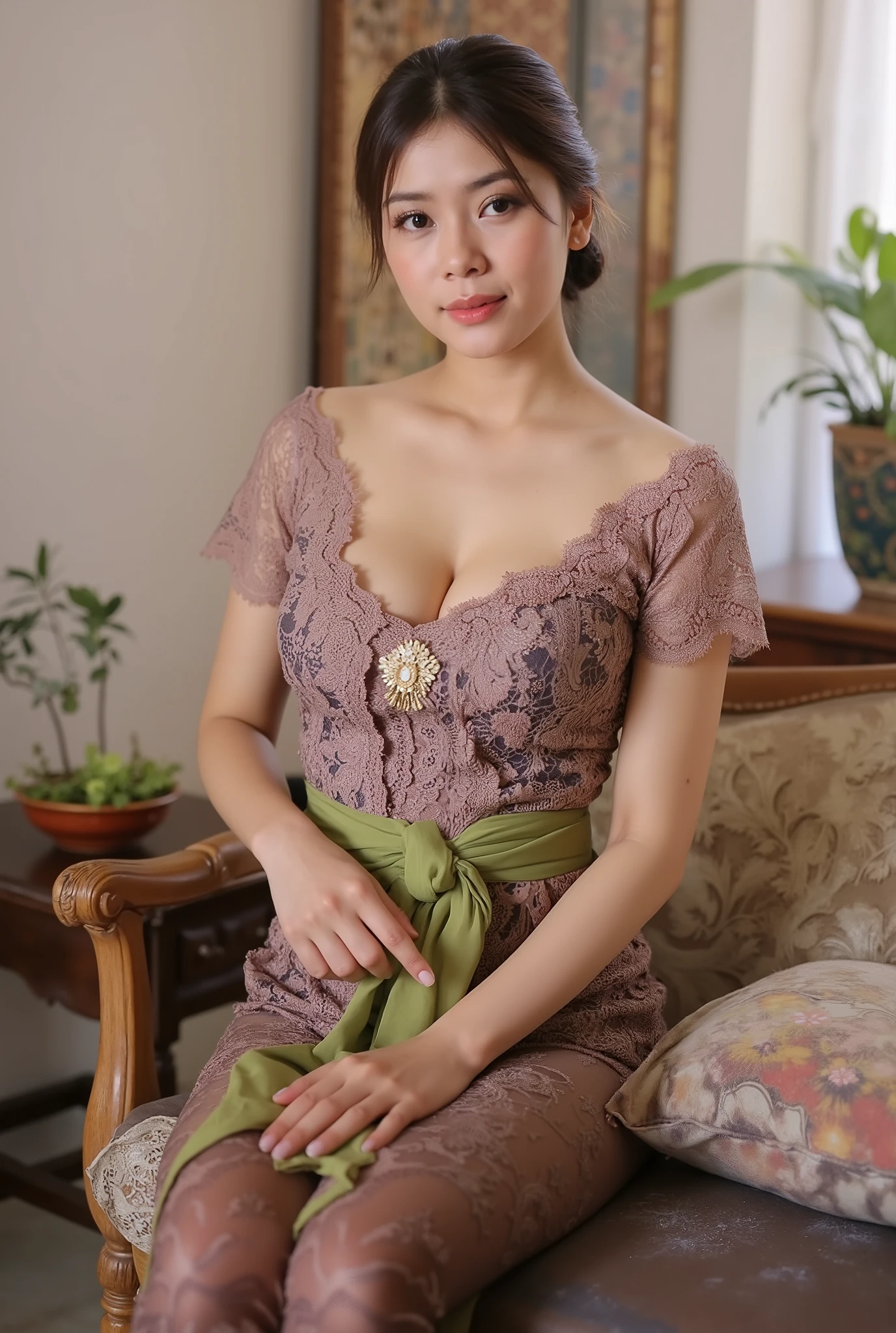 A beautiful and charming Indonesian maid who is cleaning the living room is wearing leggings, ((brown skin)), sweating, ((wet skin)), (( charming camel toe detail:1.3)),Micro T String , ( bold and exaggerated streamlined skirt ), (brown and green fabric :1.4), lace tulle maid outfit :1.2, beautiful round chest , Protruding nipples ,Wearing thong panties , ( ( Alphonse Mucha ) clean line pattern 1 .5), ( shows off your round hips ), Smile:1.3 ,Her lower body hair is revealed from the side of her panties, big breast (1:1.8), she posed doggy style showing her breast, very thight skirt, ((transparent cloth)), wet hair, sit on chair, naughty pose, wet hair, ((very long hair)), ((naughty pose)), ((doggy pose))