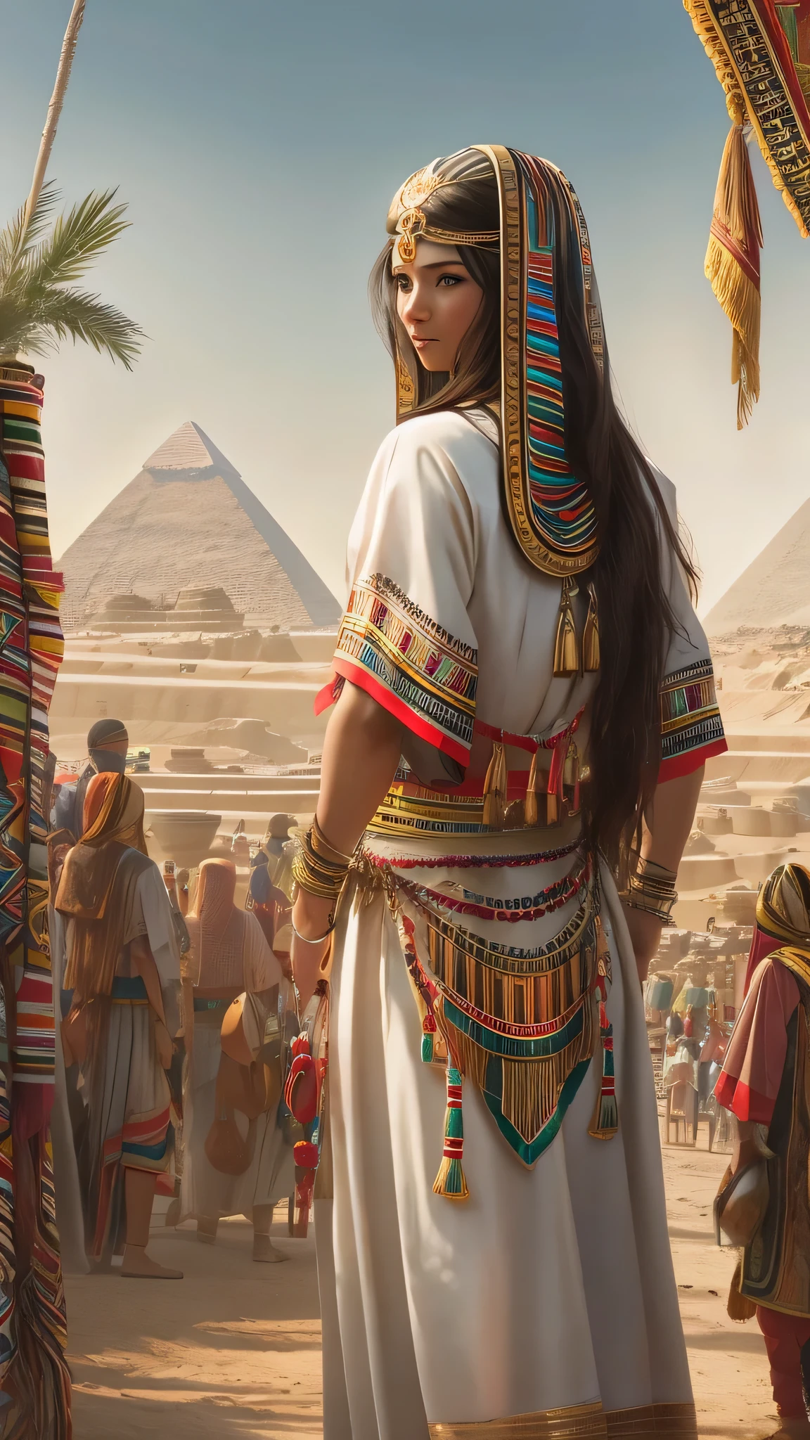 in high definition, Landscape、 A market unique to the Middle East, mall, long haired girl in Egyptian costume 、Background of the market on the hill with a view of the pyramids。