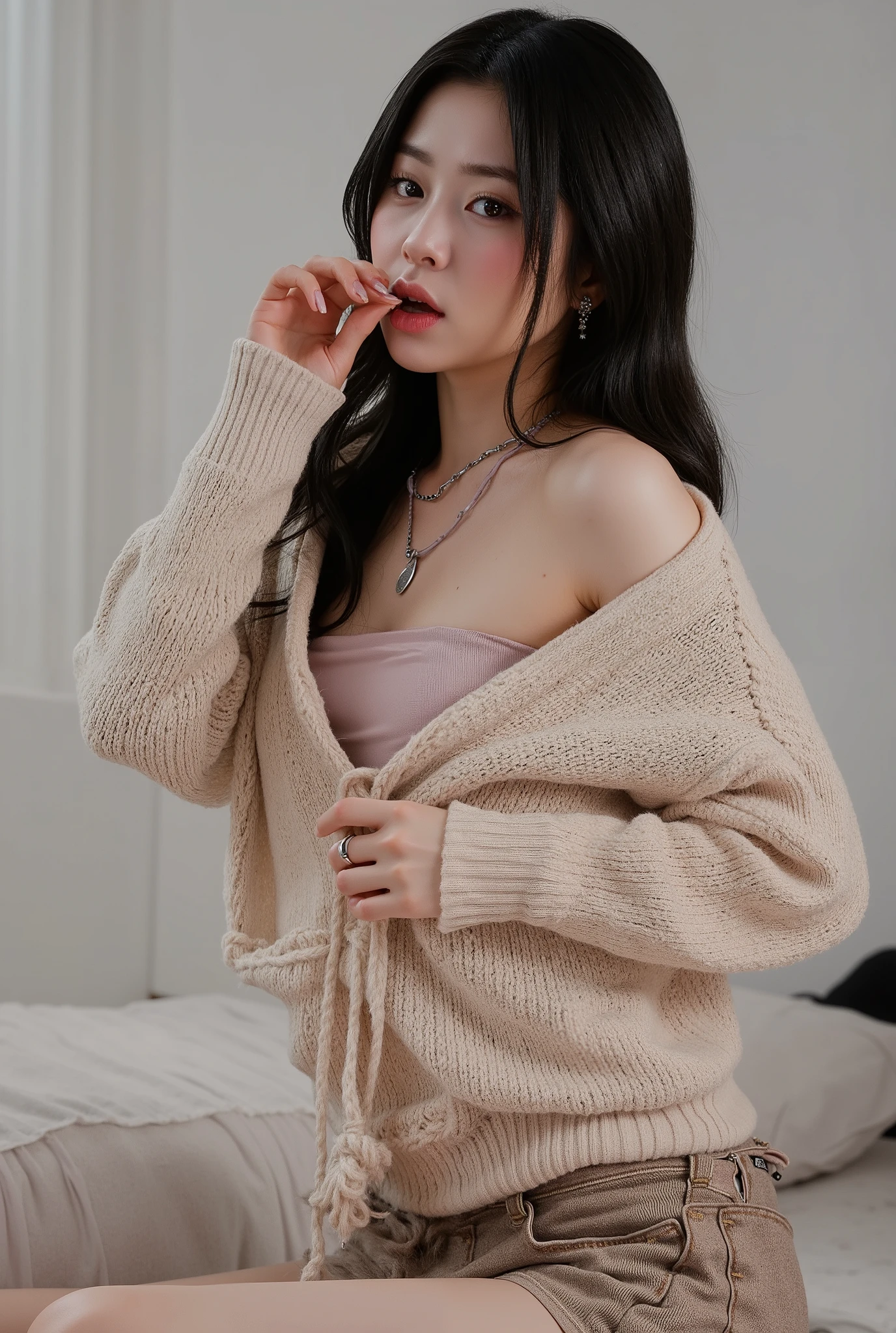 chica sexy, sweater only, without clothes down, half open sweater, seductive look, seduction, biting half of his lips